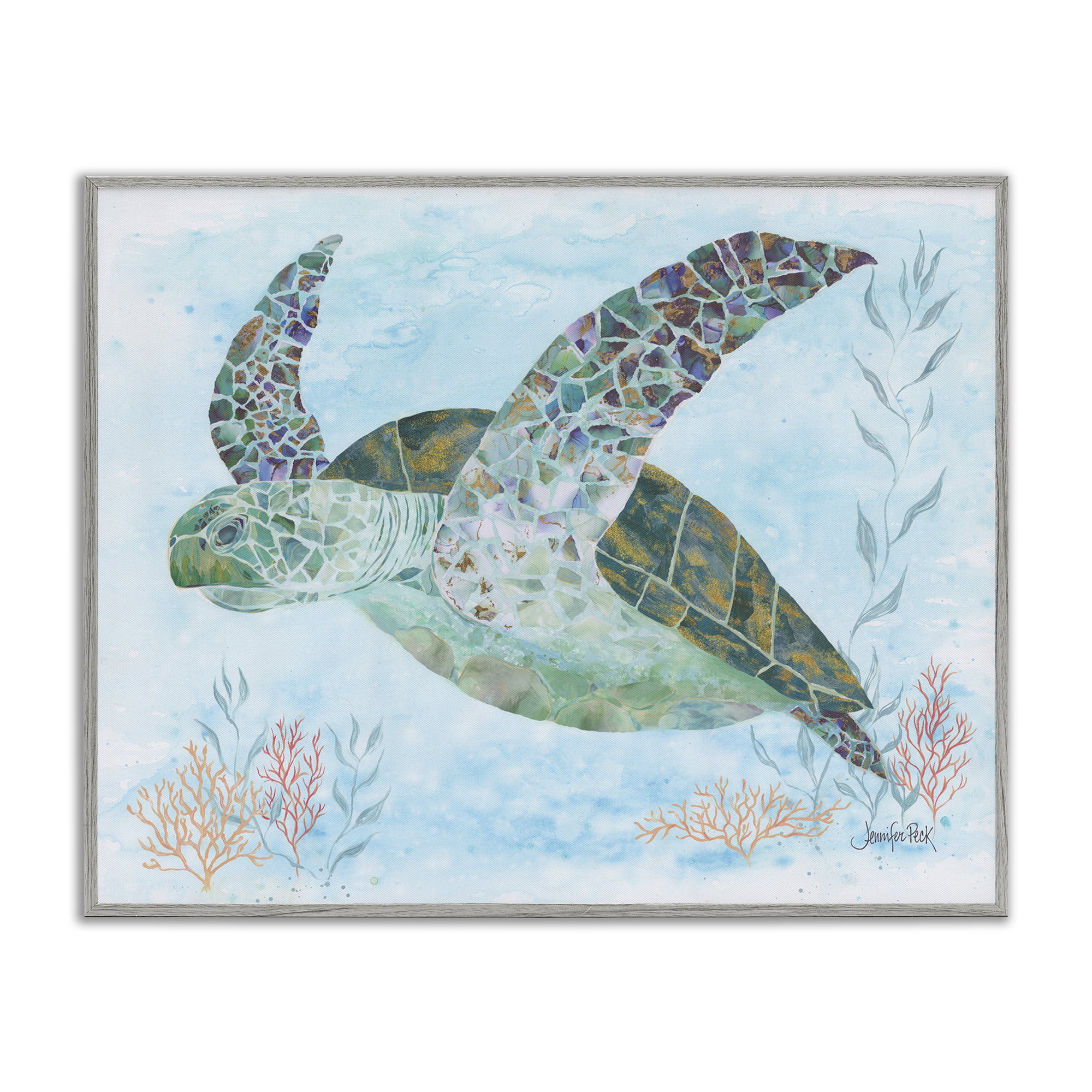 Stupell Industries Mosaic Tortoise Underwater Animals & Insects Painting Gray Framed Art Print Wall Art, 20 x 16