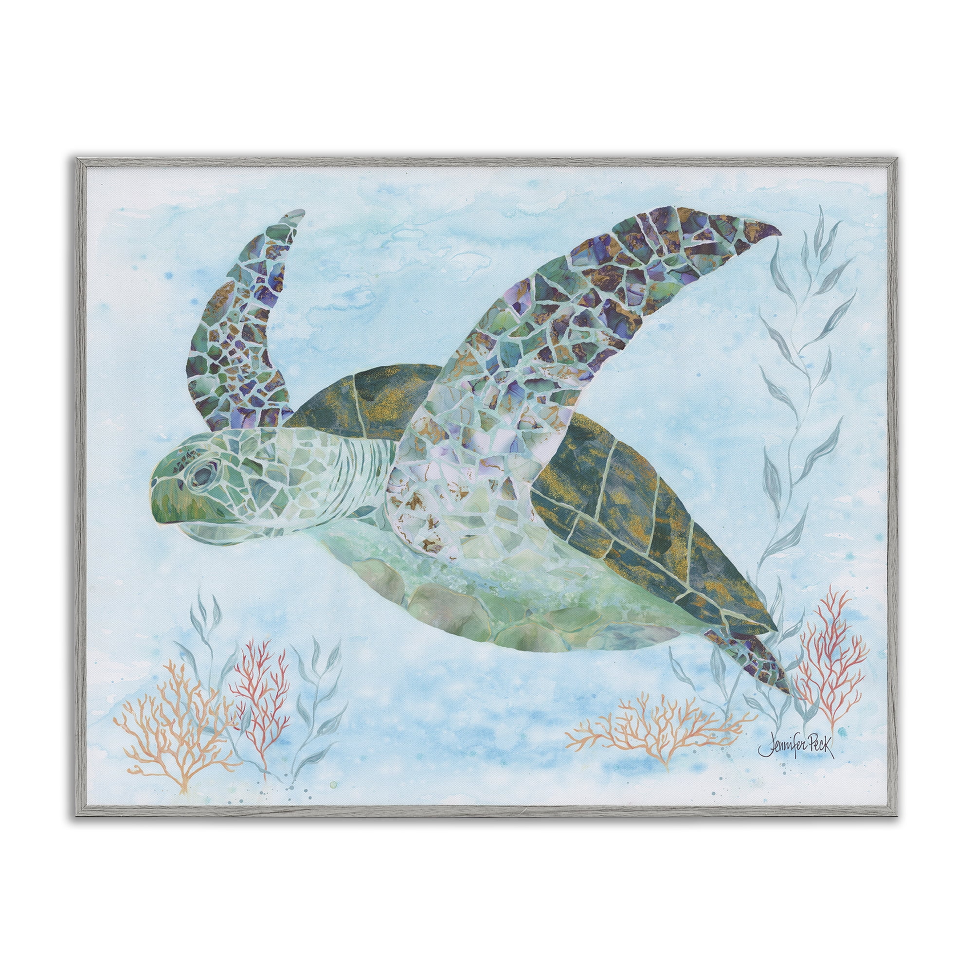 Stupell Industries Mosaic Tortoise Underwater Animals & Insects Painting Gray Framed Art Print Wall Art, 30 x 24