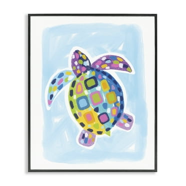 Stupell Industries Mosaic Turtle on Blue Animals & Insects Painting Black Framed Art Print Wall Art, 11 x 14