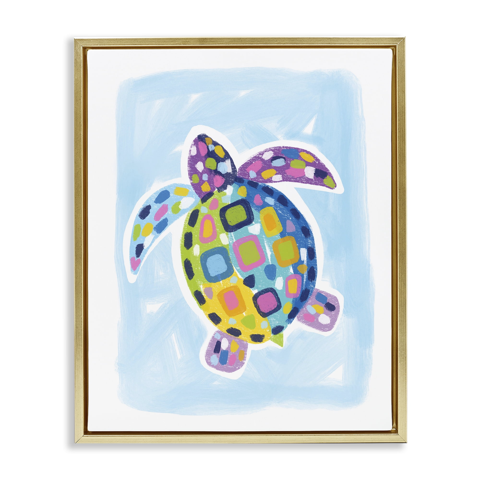 Stupell Industries Mosaic Turtle on Blue Animals & Insects Painting Gold Floater Framed Canvas Art Print Wall Art, 17 x 21