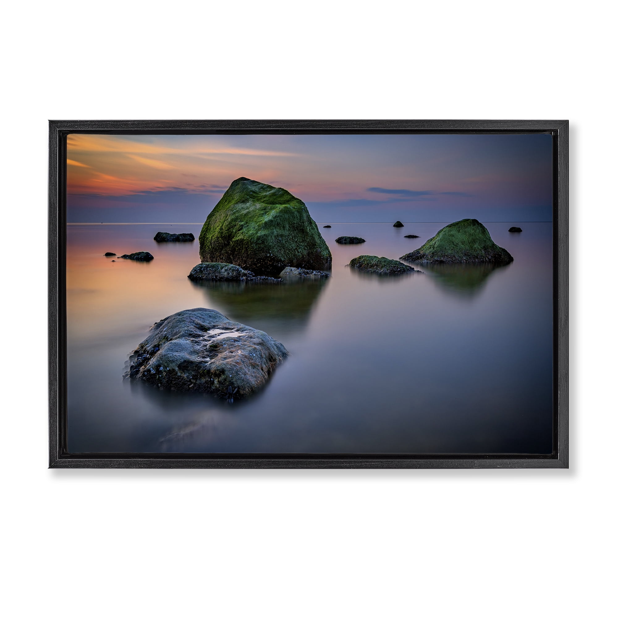 Stupell Industries Mossy Rocks Protruding Sea Landscape & Nature Photography Black Floater Framed Canvas Art Print Wall Art, 31 x 21