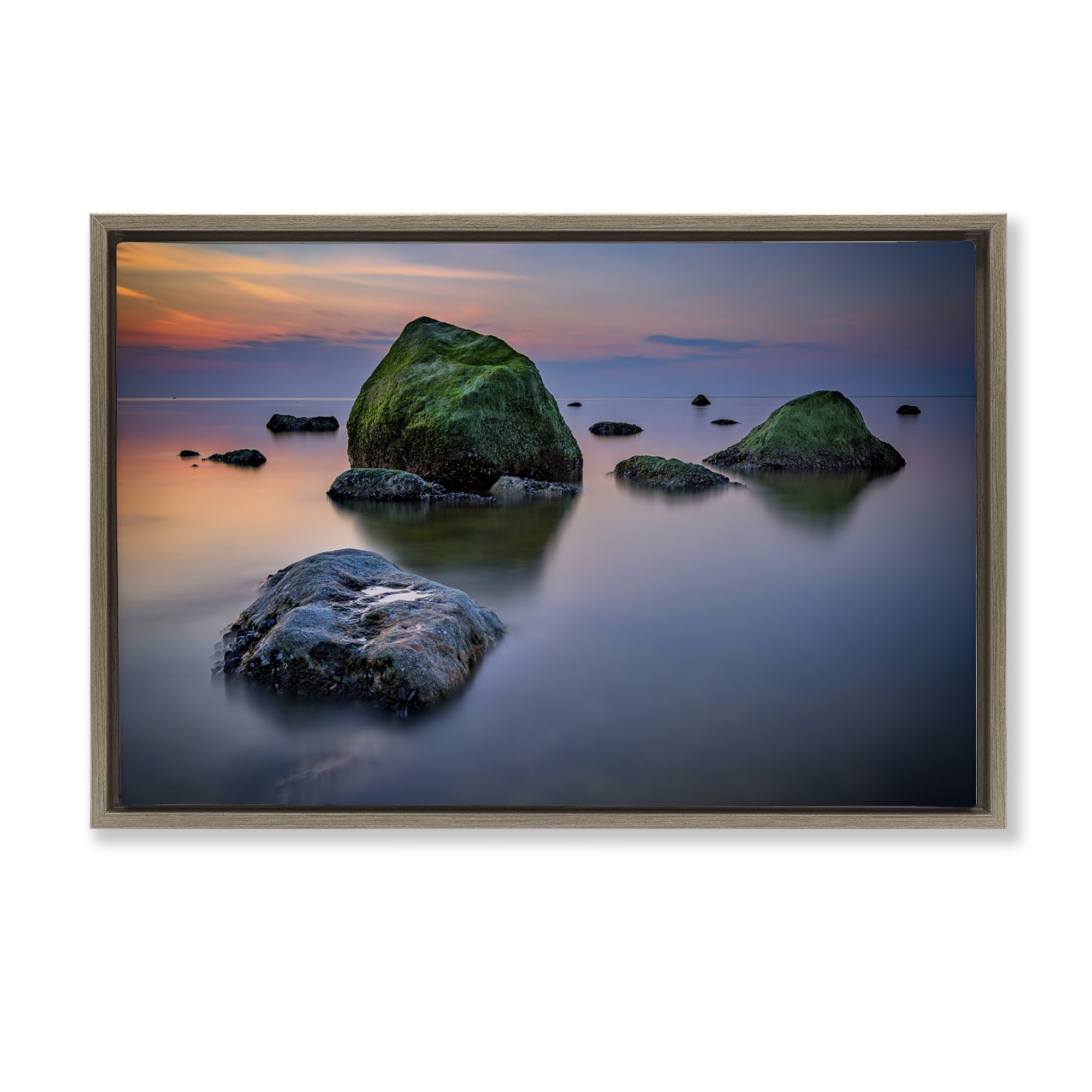Stupell Industries Mossy Rocks Protruding Sea Landscape & Nature Photography Brown Floater Framed Canvas Art Print Wall Art, 25 x 17