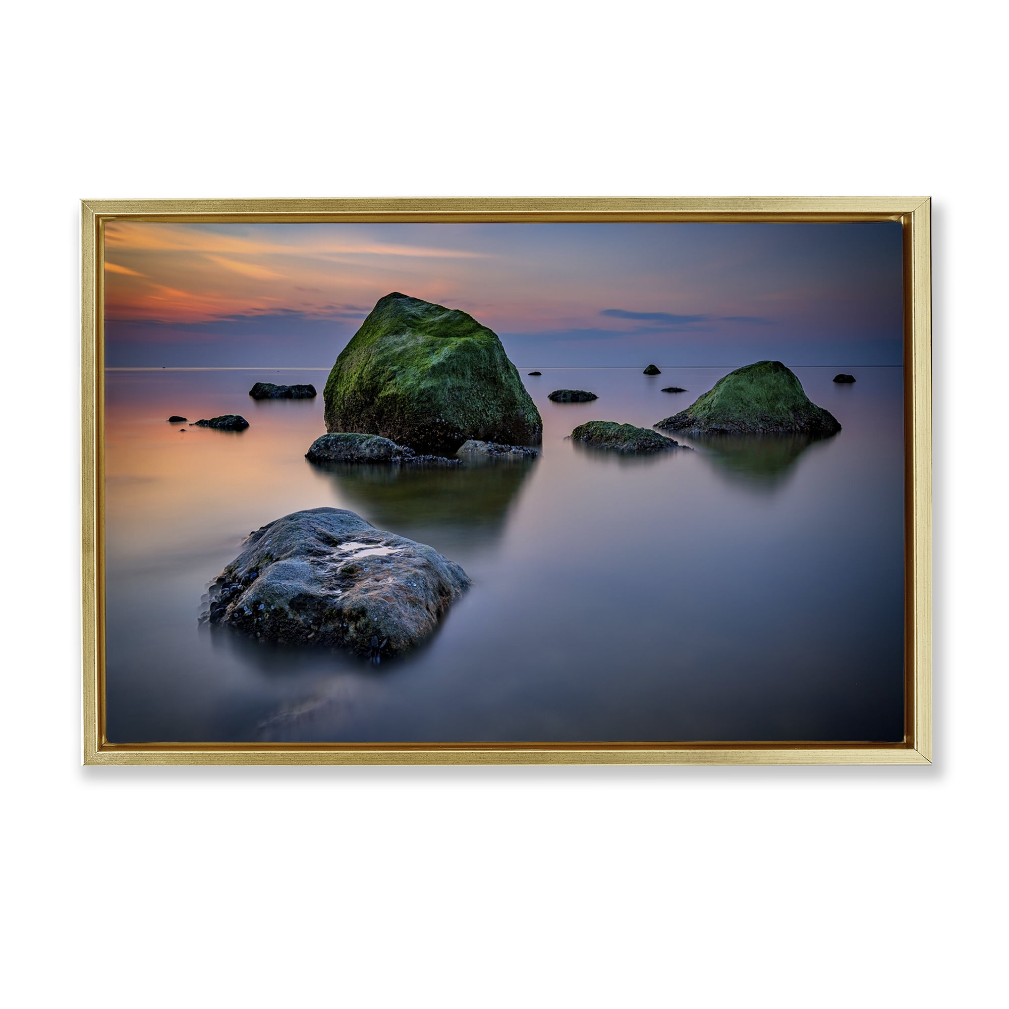 Stupell Industries Mossy Rocks Protruding Sea Landscape & Nature Photography Gold Floater Framed Canvas Art Print Wall Art, 25 x 17