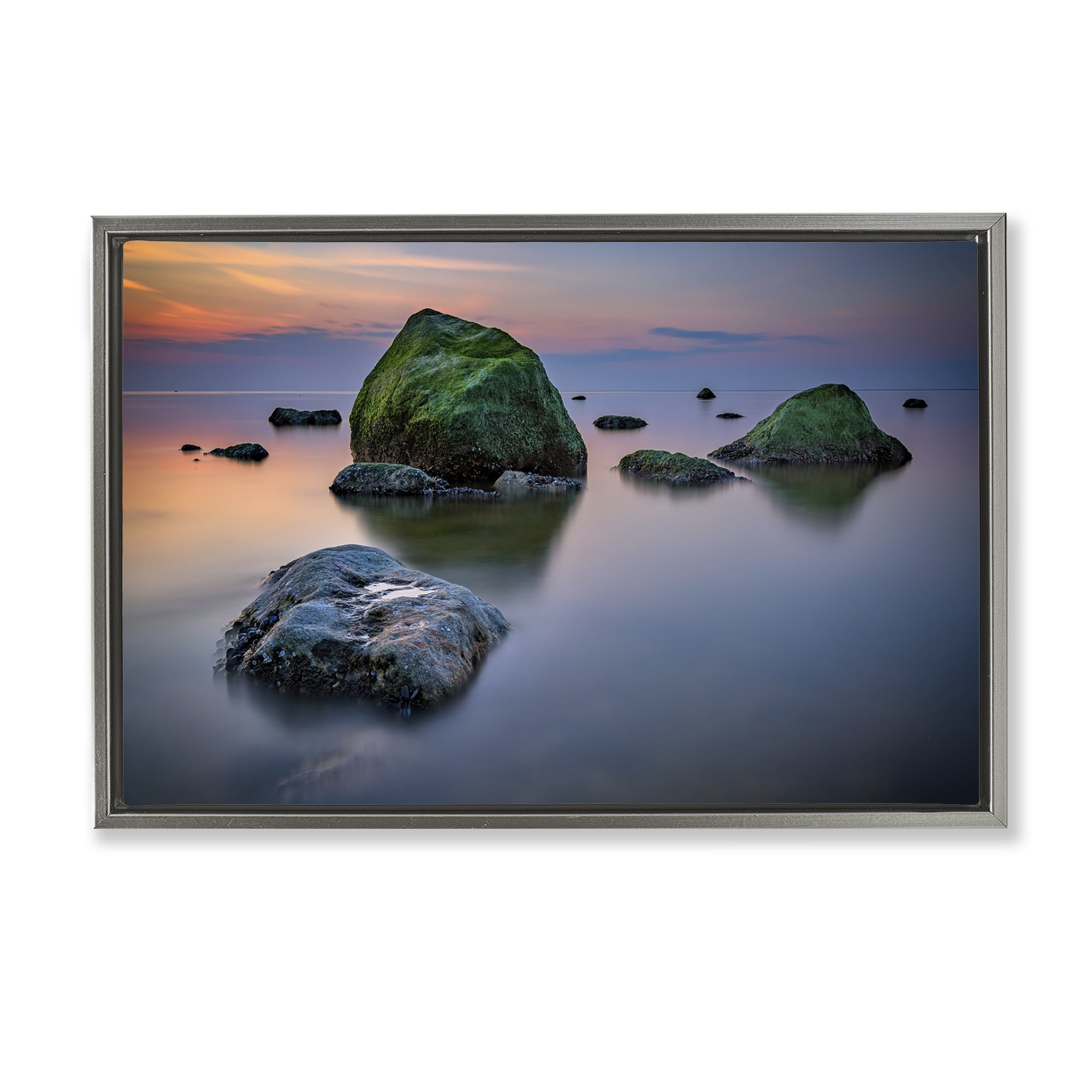 Stupell Industries Mossy Rocks Protruding Sea Landscape & Nature Photography Gray Floater Framed Canvas Art Print Wall Art, 25 x 17