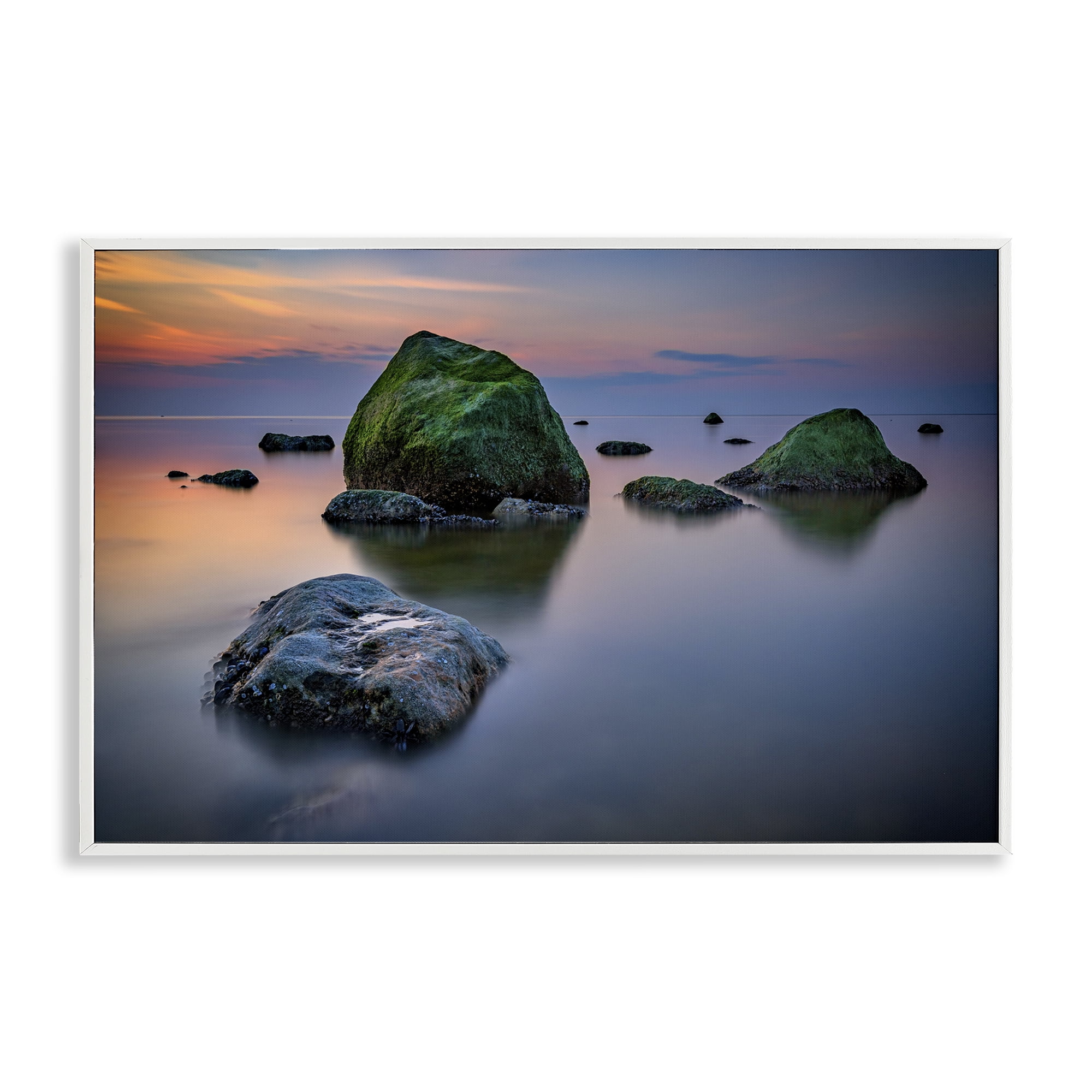 Stupell Industries Mossy Rocks Protruding Sea Landscape & Nature Photography White Framed Art Print Wall Art, 30 x 20