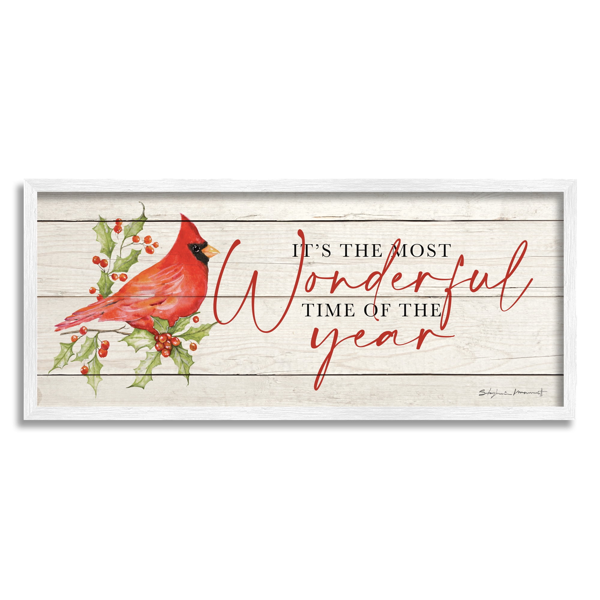 Stupell Industries Most Wonderful Time Cardinal Holiday Painting White Framed Art Print Wall Art