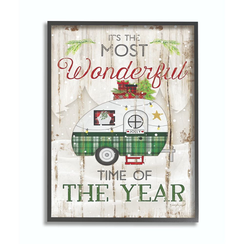 Stupell Industries Most Wonderful Time Green Plaid Camper Wood Texture Holiday Word DesignFramed Wall Art By Artist Jennifer Pugh