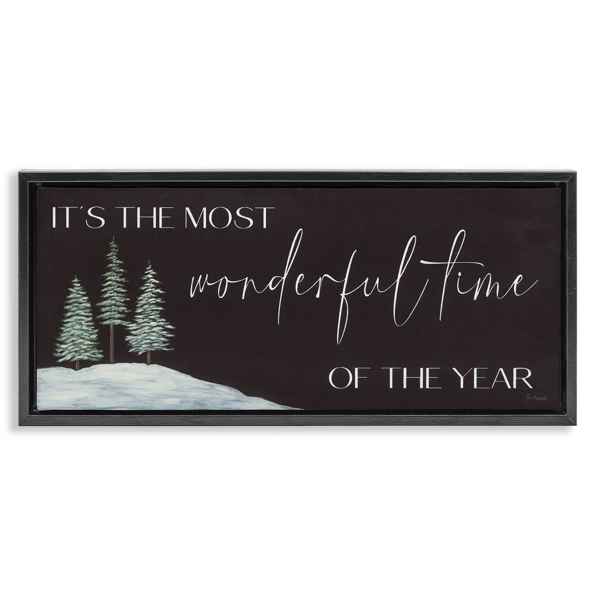 Stupell Industries Most Wonderful Time Holiday Phrase Inspirational Painting Black Floater Framed Canvas Art Print Wall Art, 31 x 14