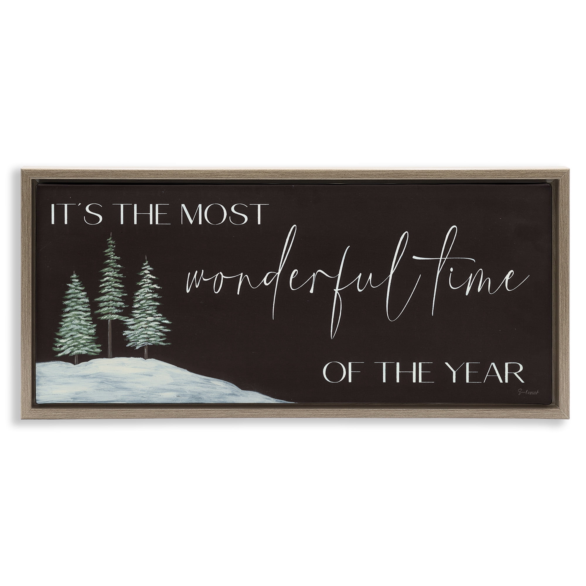 Stupell Industries Most Wonderful Time Holiday Phrase Inspirational Painting Brown Floater Framed Canvas Art Print Wall Art, 25 x 11