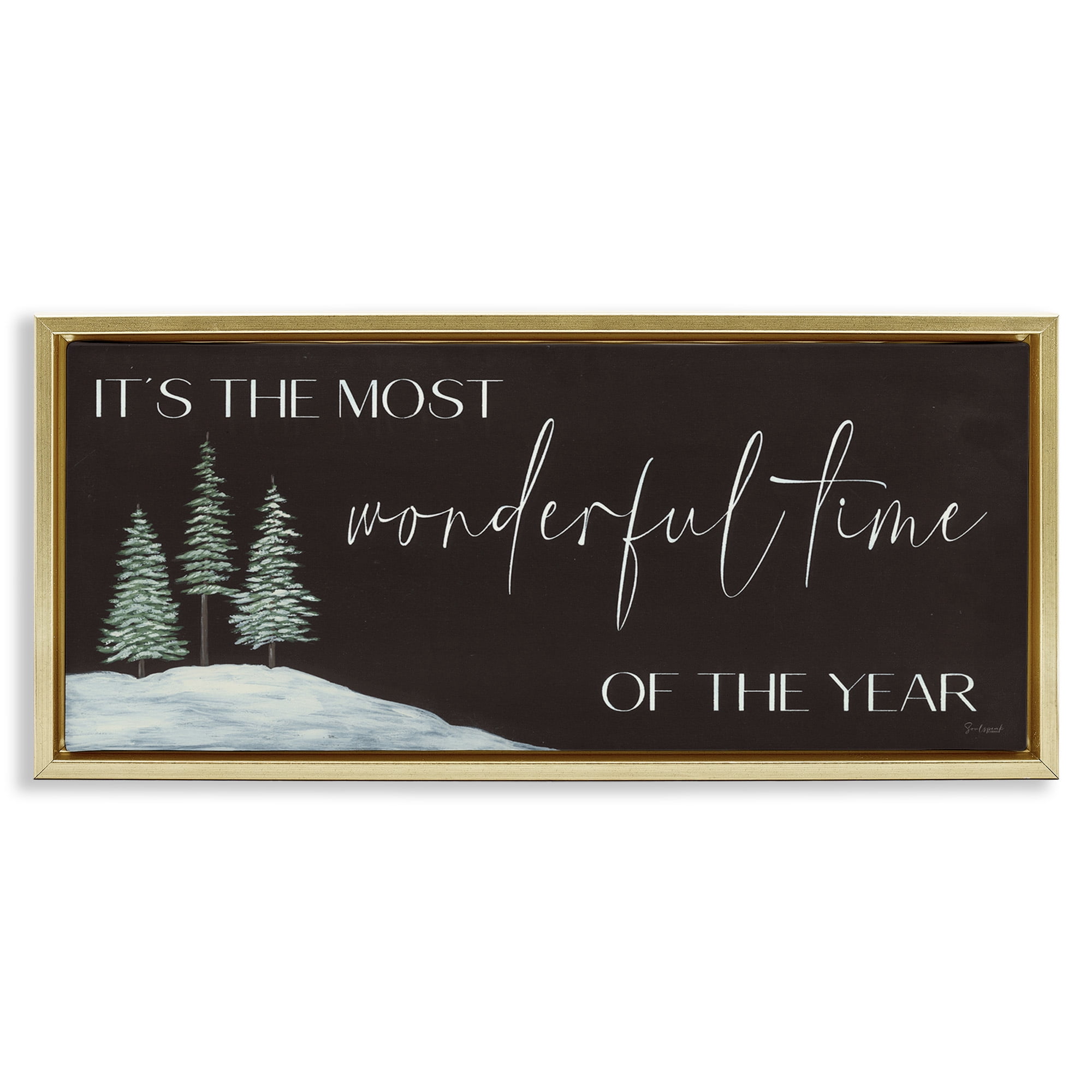 Stupell Industries Most Wonderful Time Holiday Phrase Inspirational Painting Gold Floater Framed Canvas Art Print Wall Art, 25 x 11