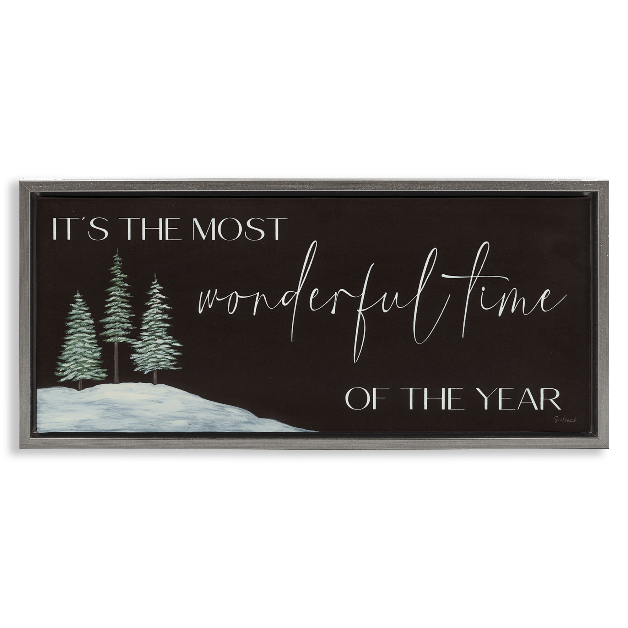 Stupell Industries Most Wonderful Time Holiday Phrase Inspirational Painting Gray Floater Framed Canvas Art Print Wall Art, 31 x 14