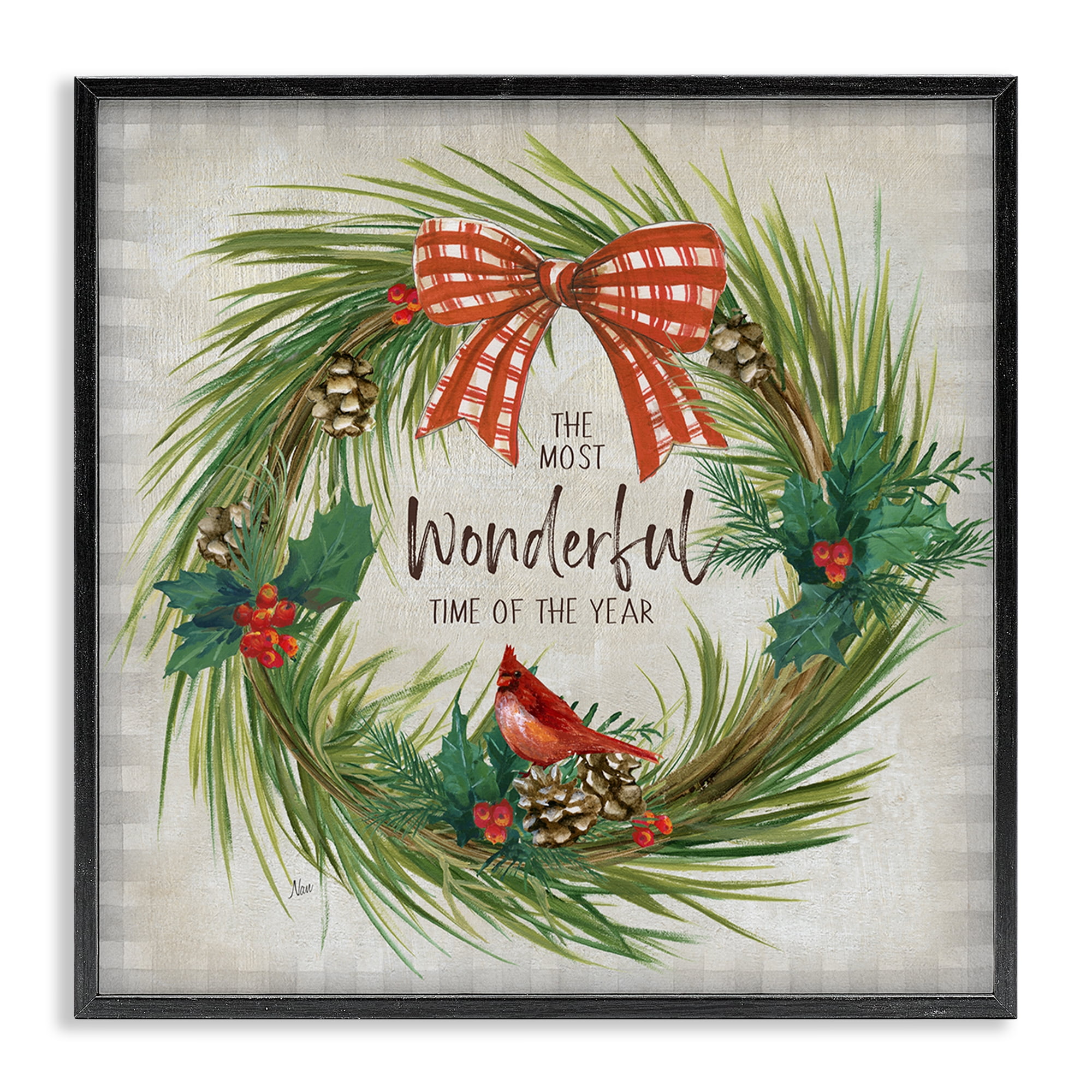 Stupell Industries Most Wonderful Time Wreath Holiday Painting Black Framed Art Prints Wall Art, 24 x 24