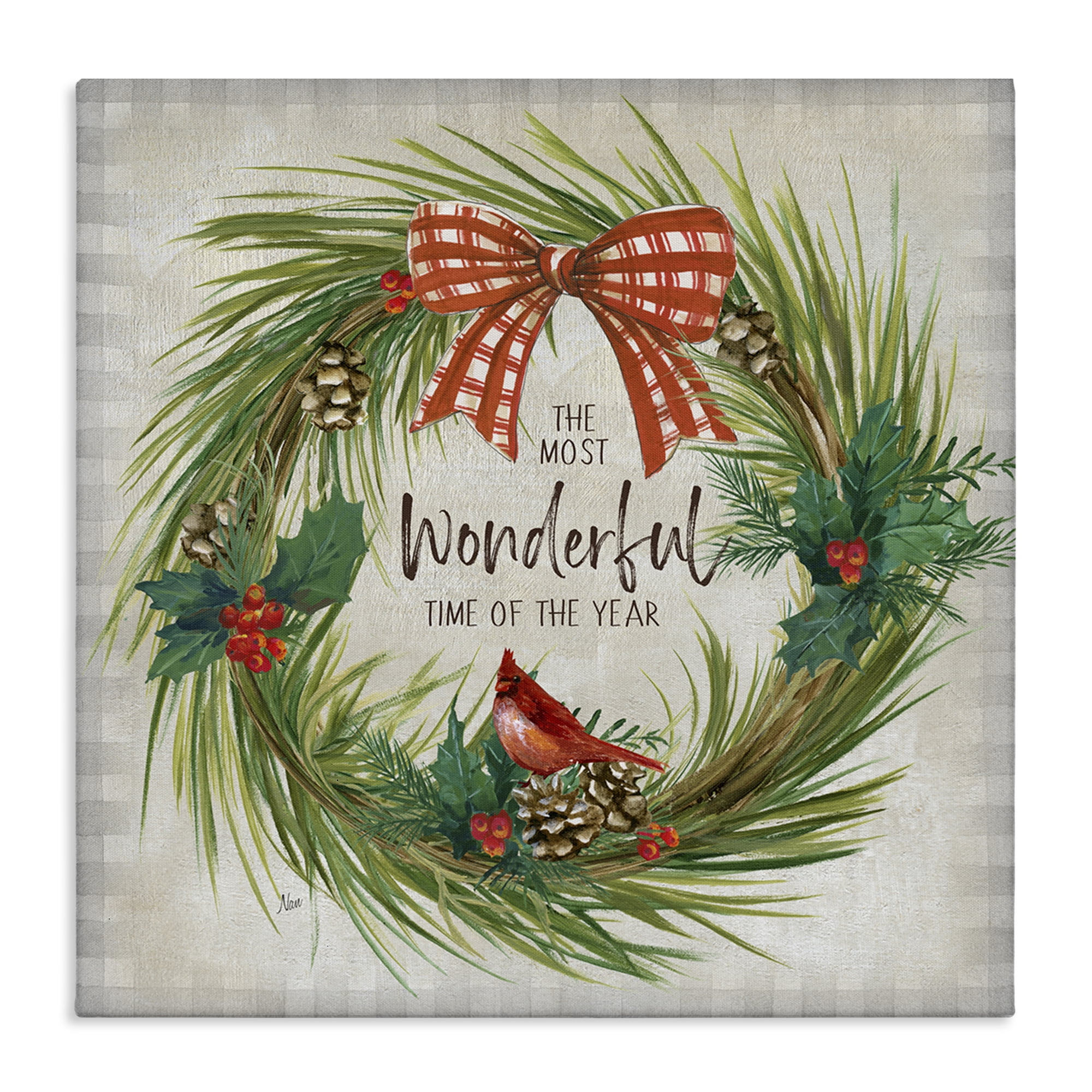 Stupell Industries Most Wonderful Time Wreath Holiday Painting Gallery Wrapped Canvas Art Prints Wall Art, 24 x 24