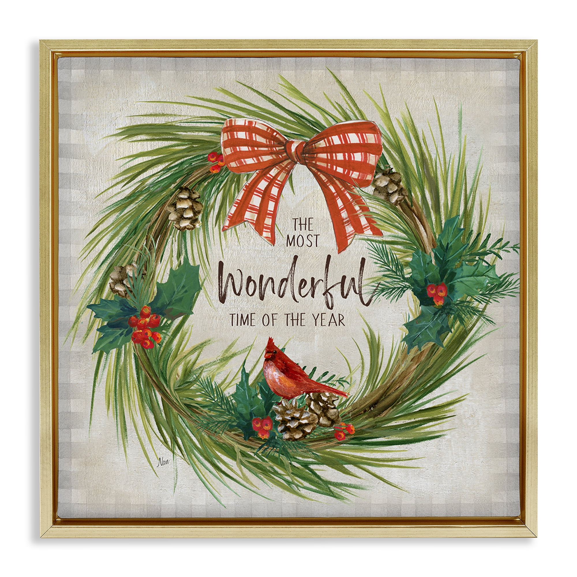 Stupell Industries Most Wonderful Time Wreath Holiday Painting Gold Floater Framed Canvas Art Prints Wall Art, 25 x 25