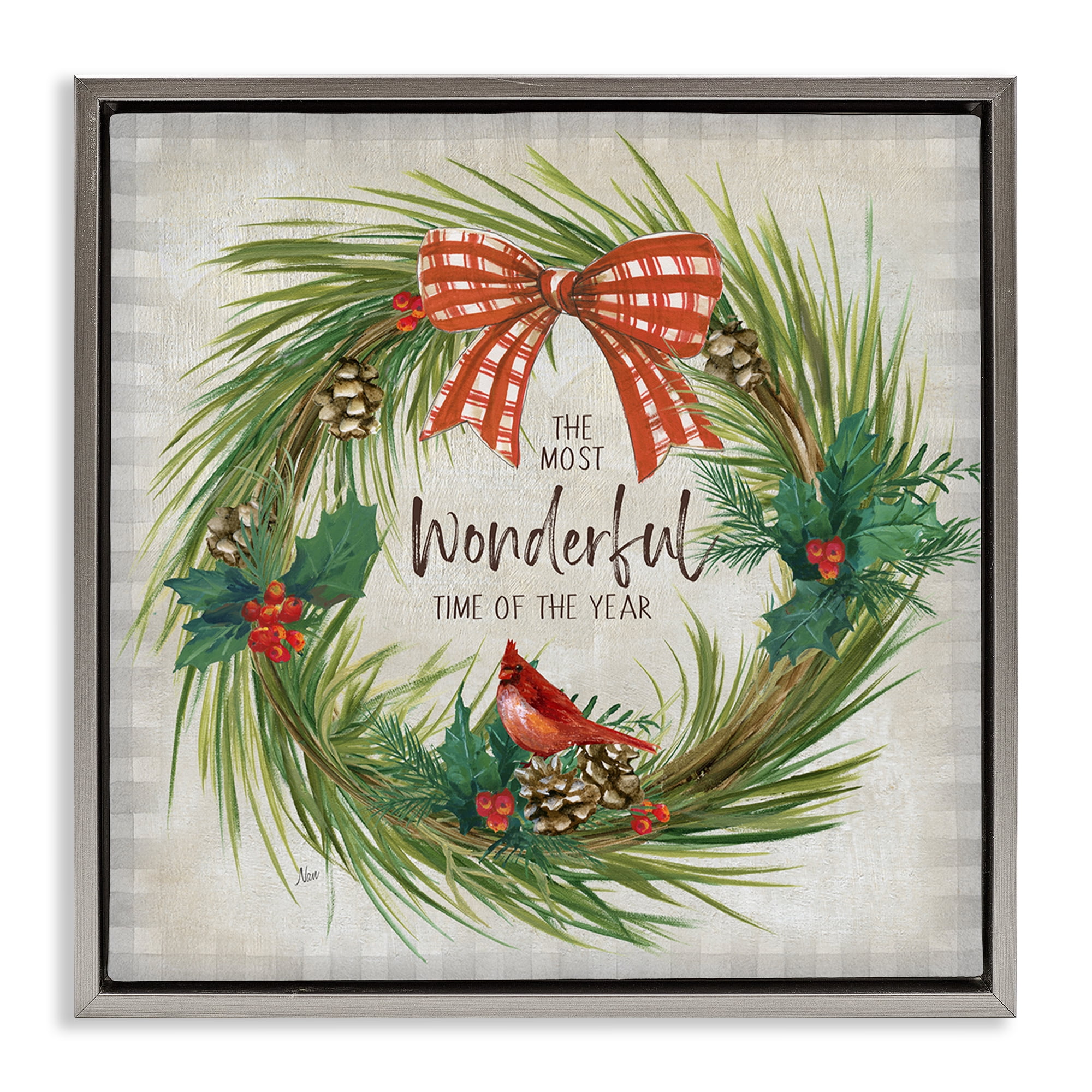 Stupell Industries Most Wonderful Time Wreath Holiday Painting Gray Floater Framed Canvas Art Prints Wall Art, 18 x 18