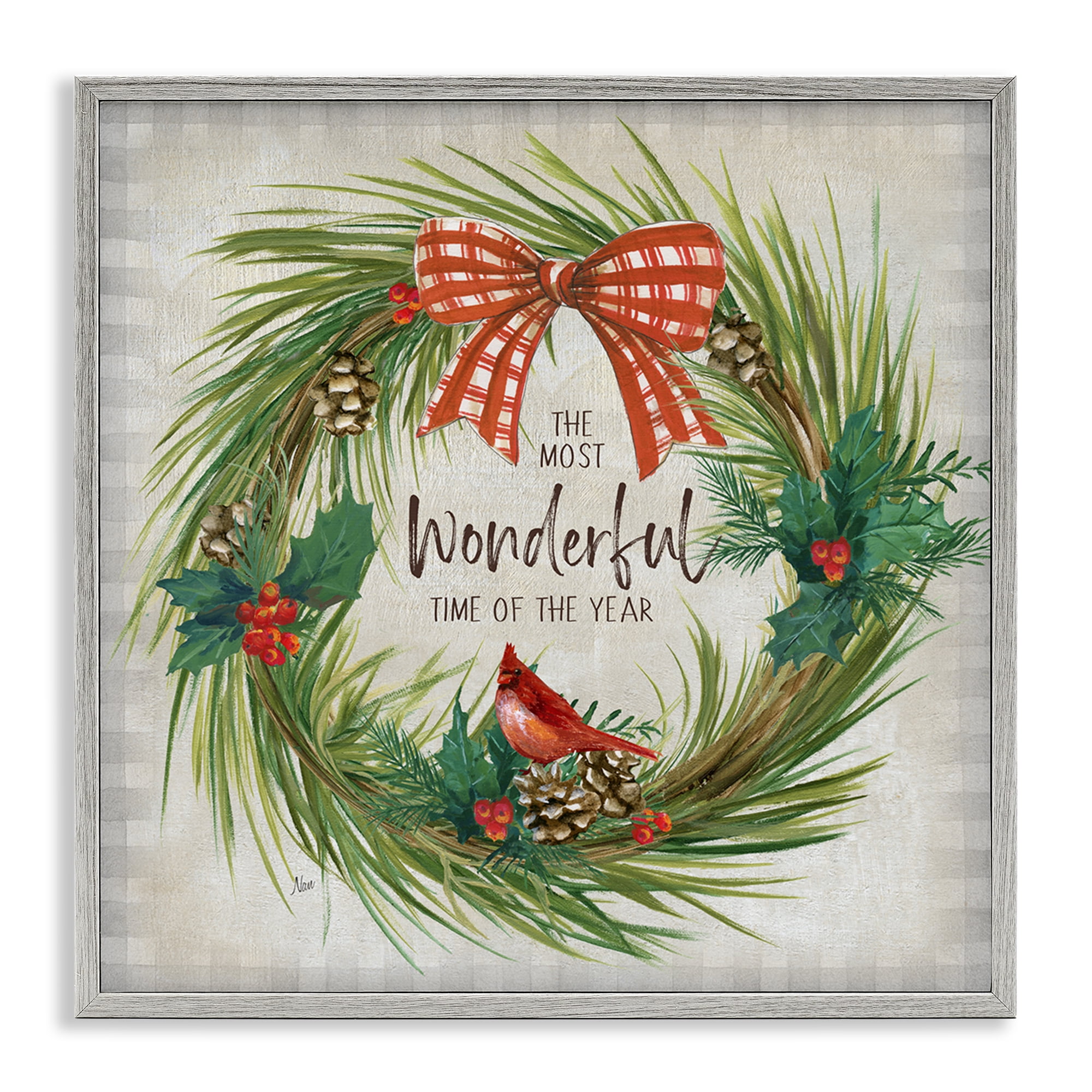 Stupell Industries Most Wonderful Time Wreath Holiday Painting Gray Framed Art Prints Wall Art, 12 x 12
