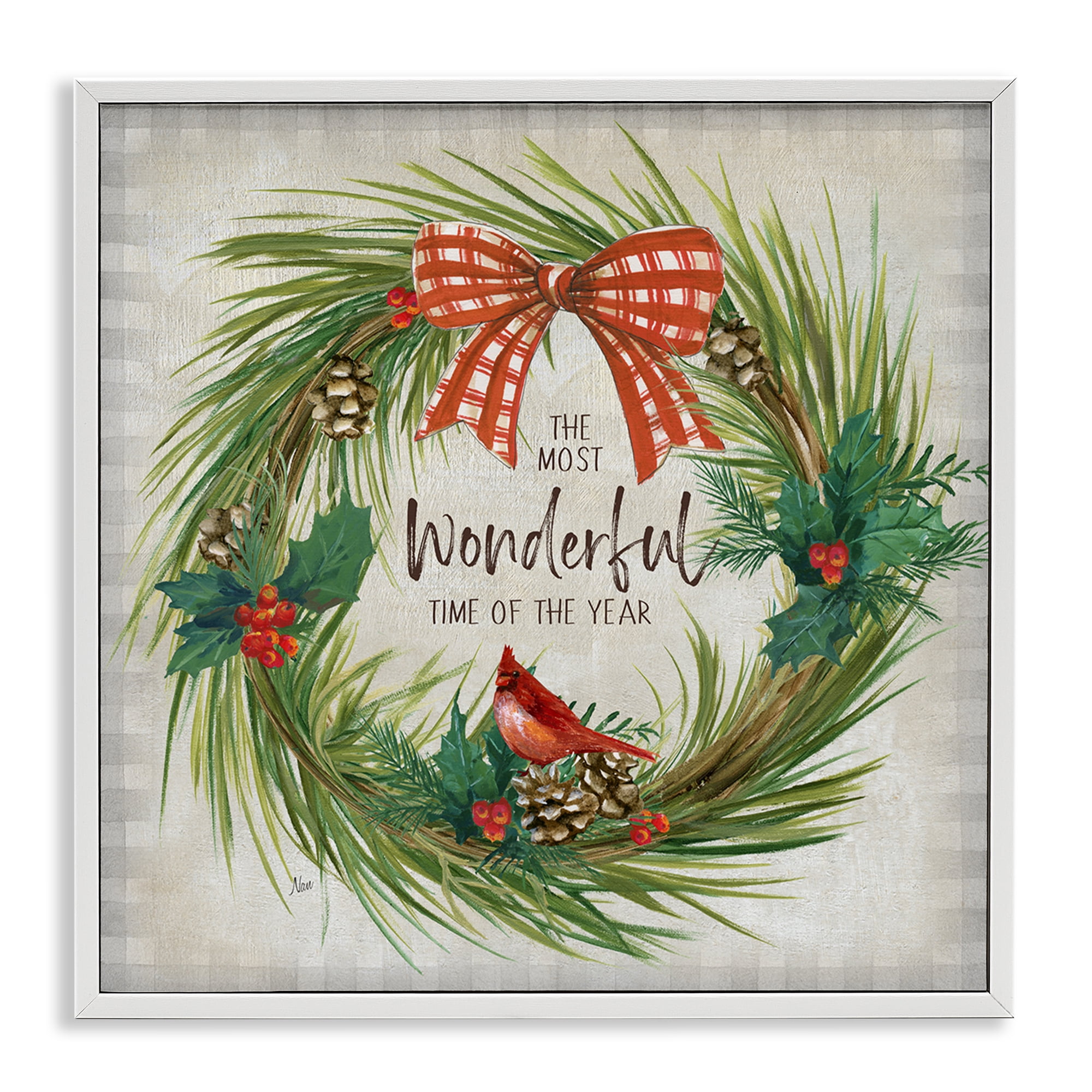 Stupell Industries Most Wonderful Time Wreath Holiday Painting White Framed Art Prints Wall Art, 24 x 24