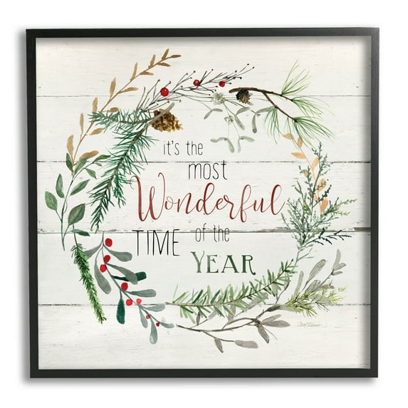 Stupell Industries Most Wonderful Time of Year Wreath Graphic Art Black Framed Art Print Wall Art, Design by Carol Robinson