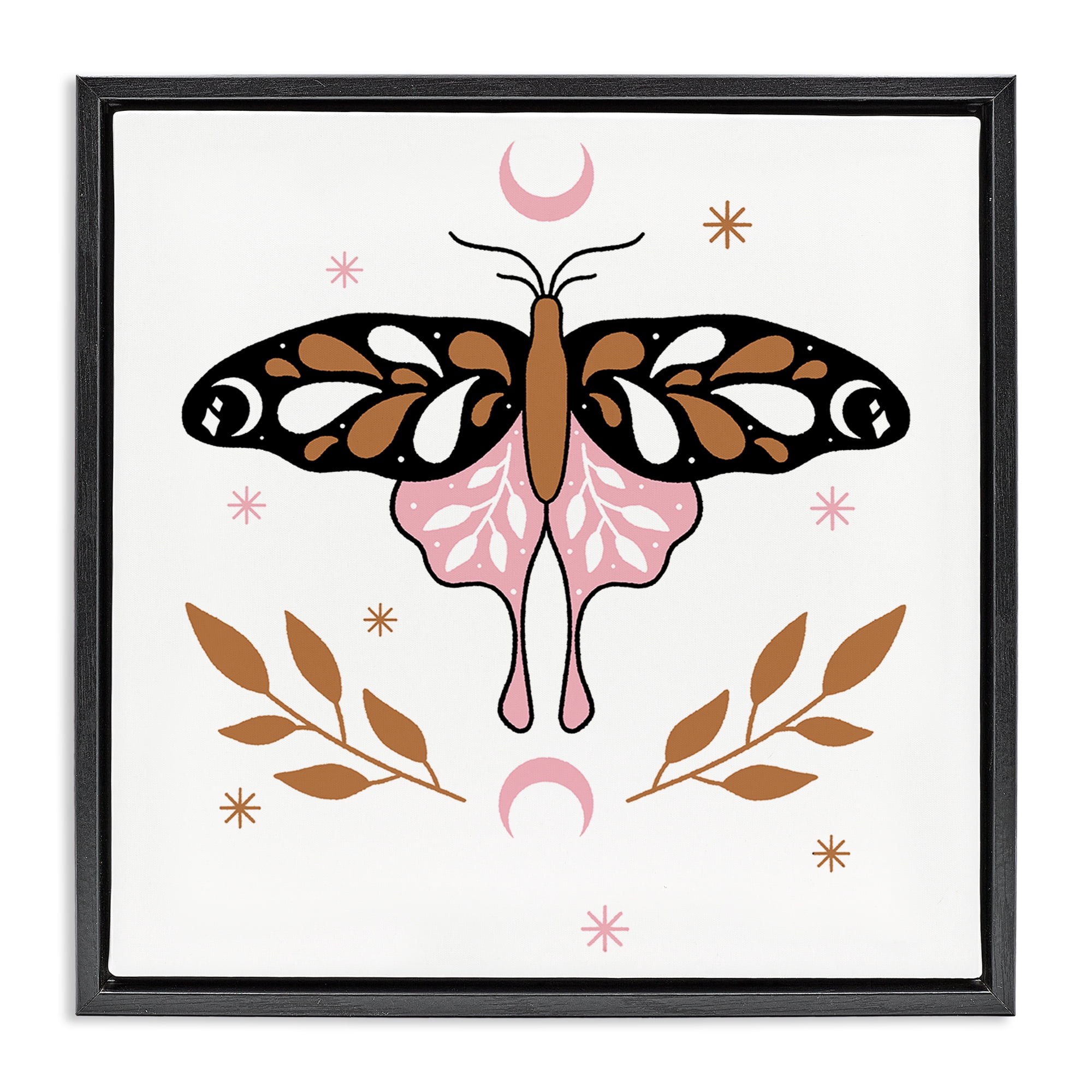 Stupell Industries Moth & Crescent Moons Animals Painting Black Floater Framed Canvas Art Print Wall Art, 25 x 25