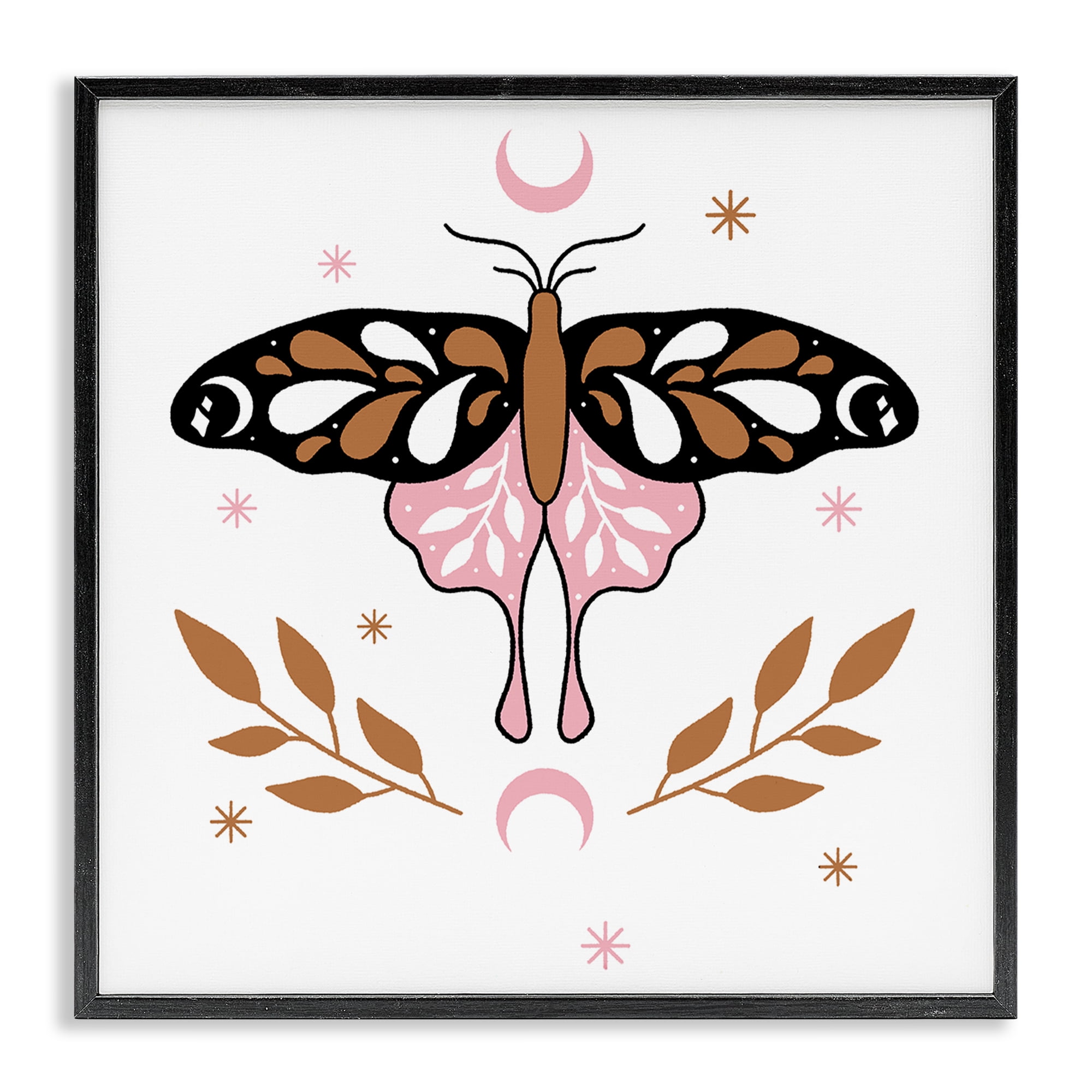 Stupell Industries Moth & Crescent Moons Animals Painting Black Framed Art Print Wall Art, 24 x 24