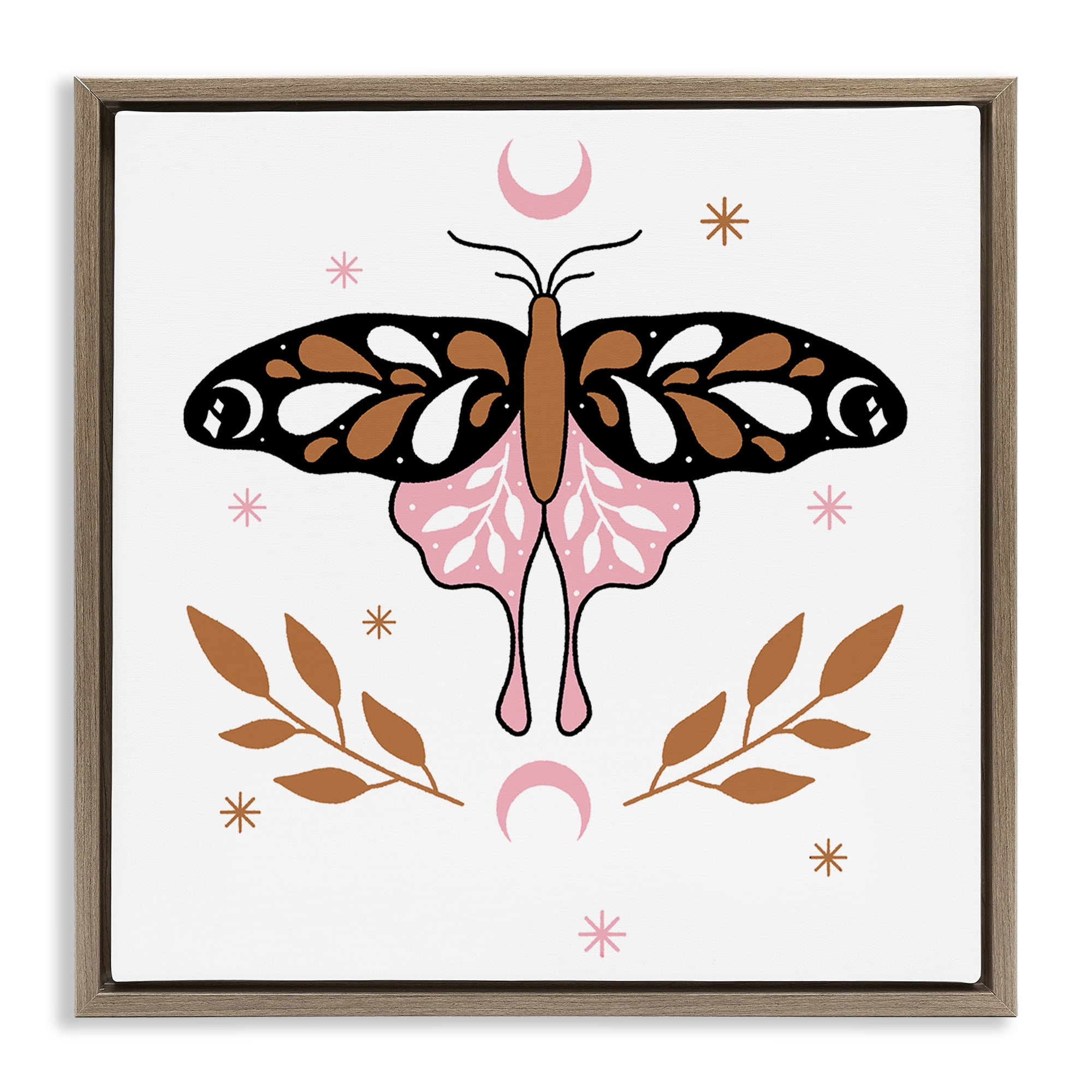 Stupell Industries Moth & Crescent Moons Animals Painting Brown Floater Framed Canvas Art Print Wall Art, 18 x 18