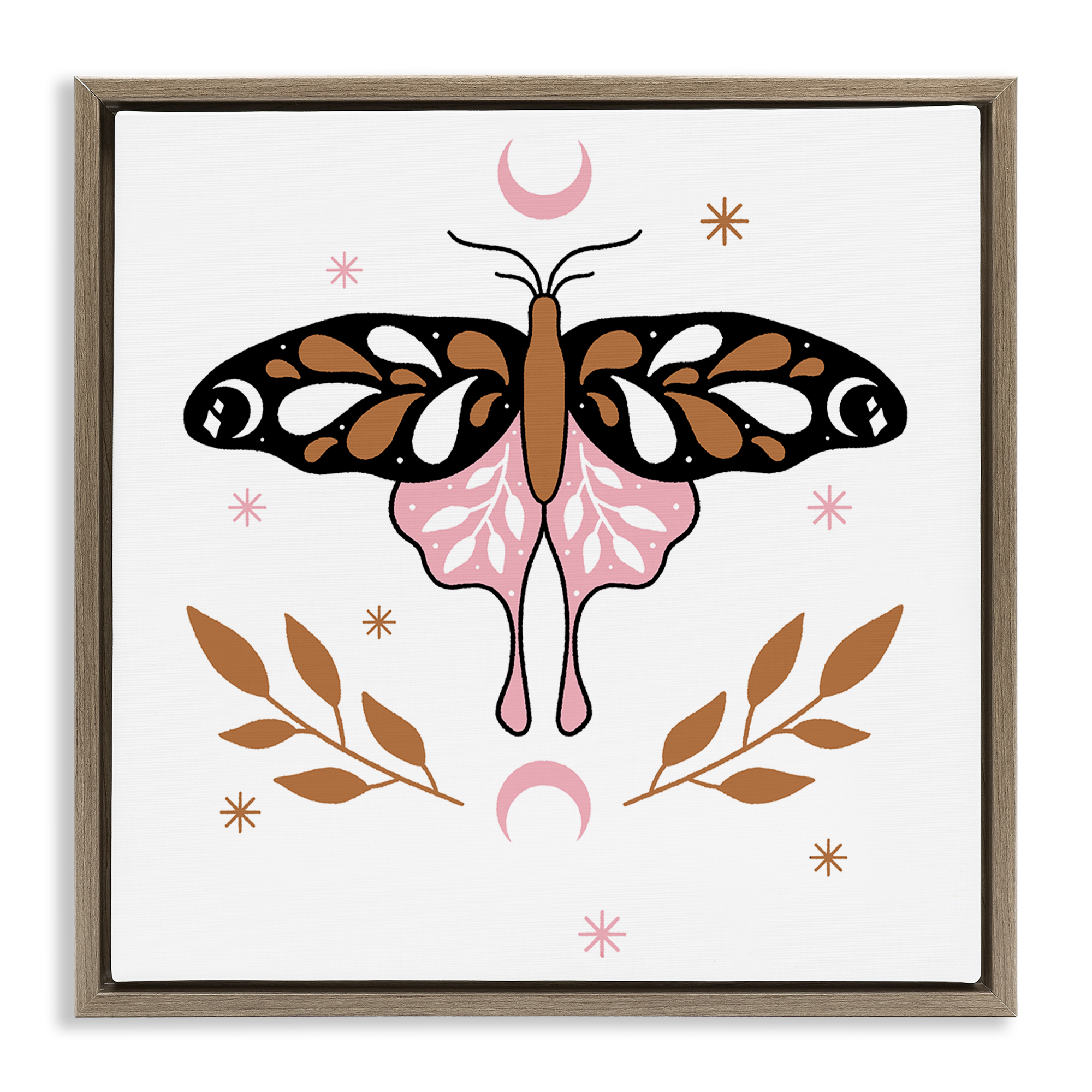 Stupell Industries Moth & Crescent Moons Animals Painting Brown Floater Framed Canvas Art Print Wall Art, 25 x 25