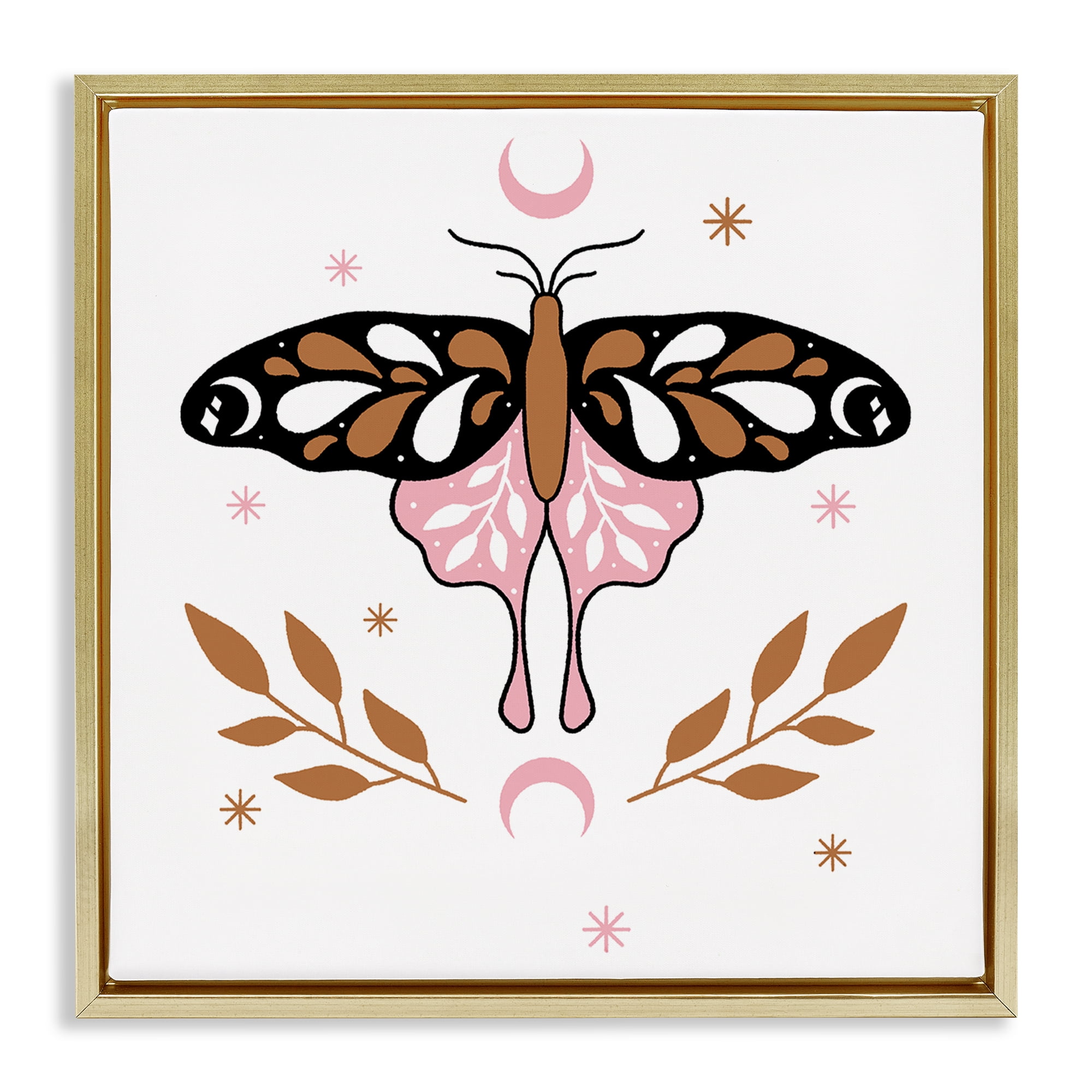 Stupell Industries Moth & Crescent Moons Animals Painting Gold Floater Framed Canvas Art Print Wall Art, 18 x 18