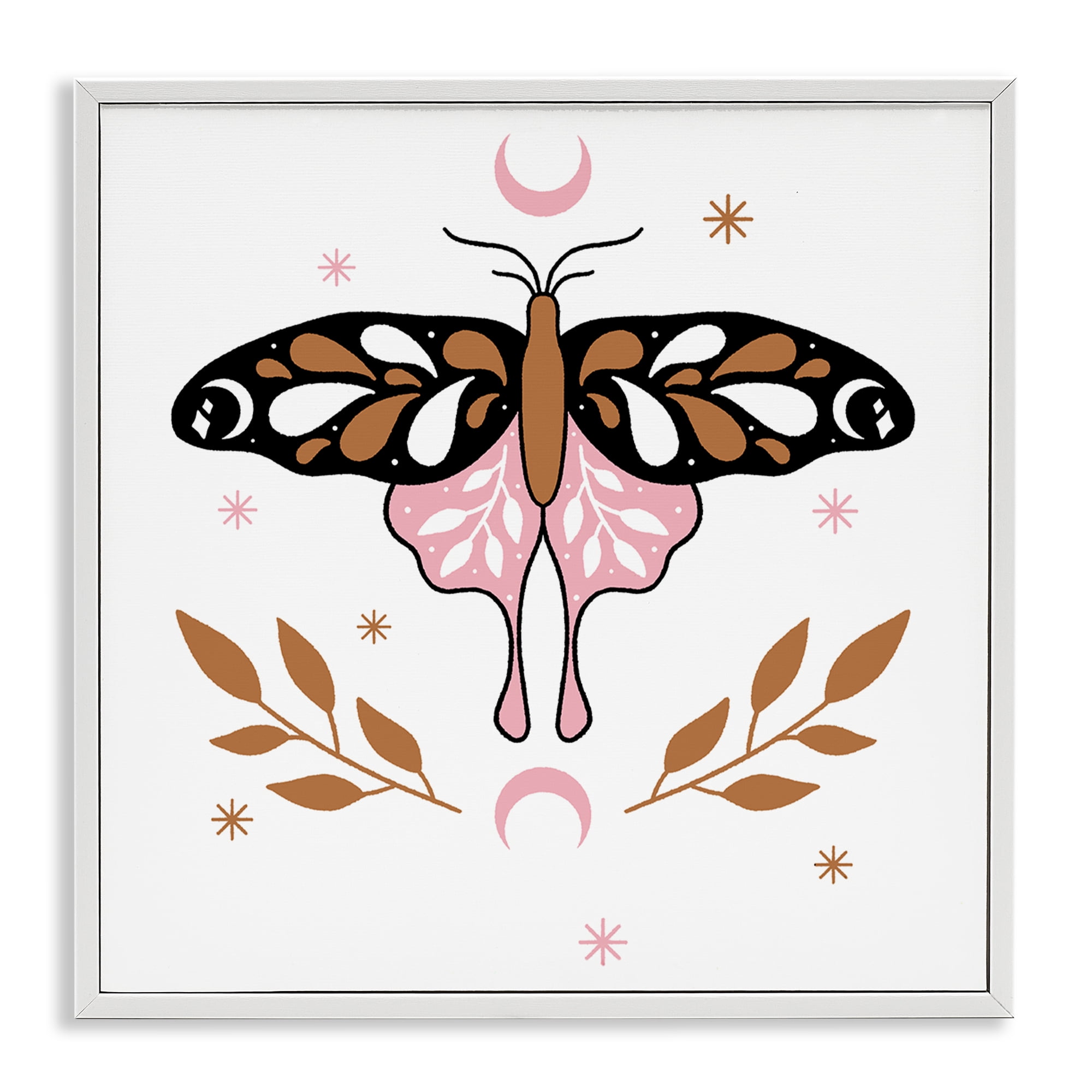 Stupell Industries Moth & Crescent Moons Animals Painting White Framed Art Print Wall Art, 24 x 24