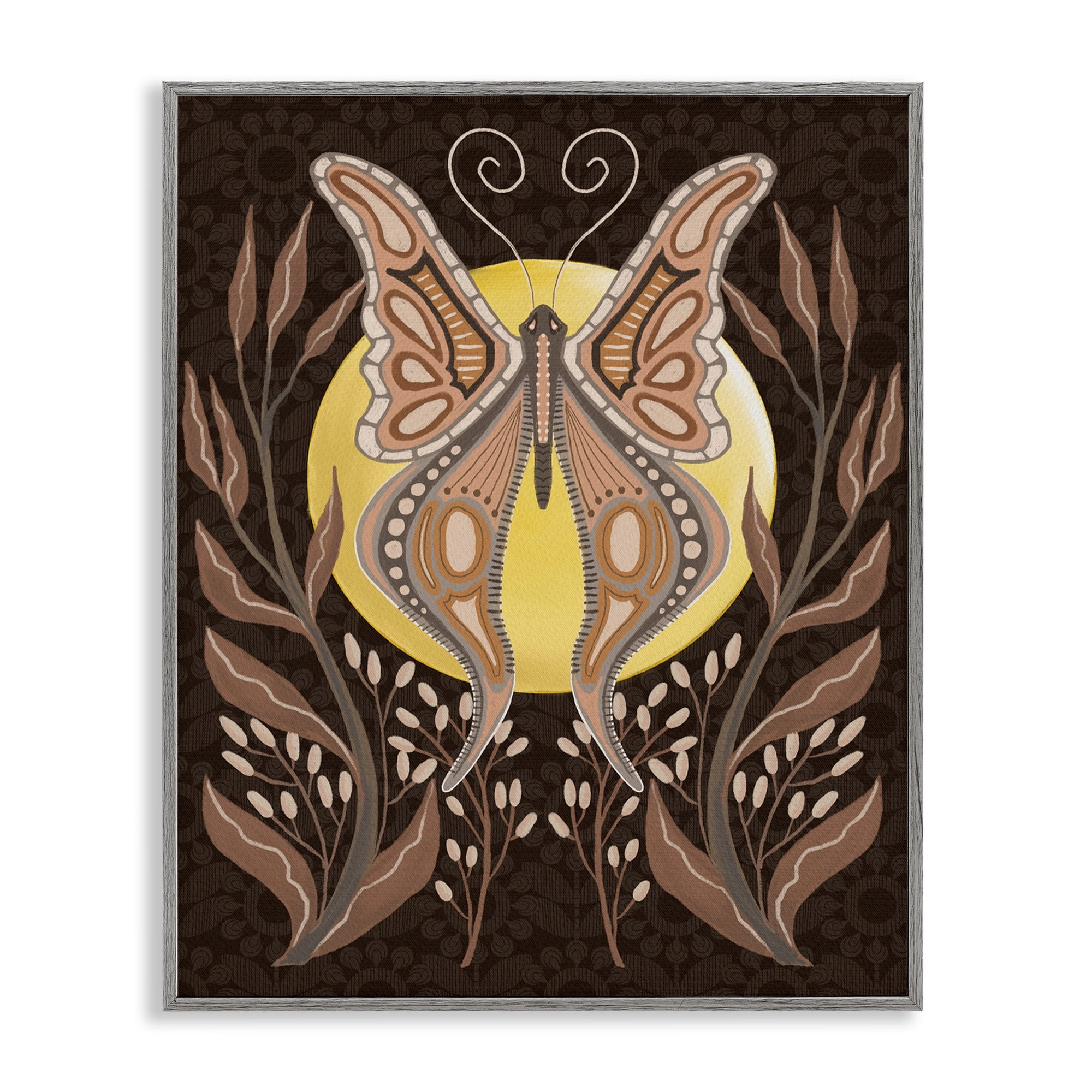 Stupell Industries Moth & Moon Botanicals Insects Painting Gray Framed Art Print Wall Art, 16 x 20