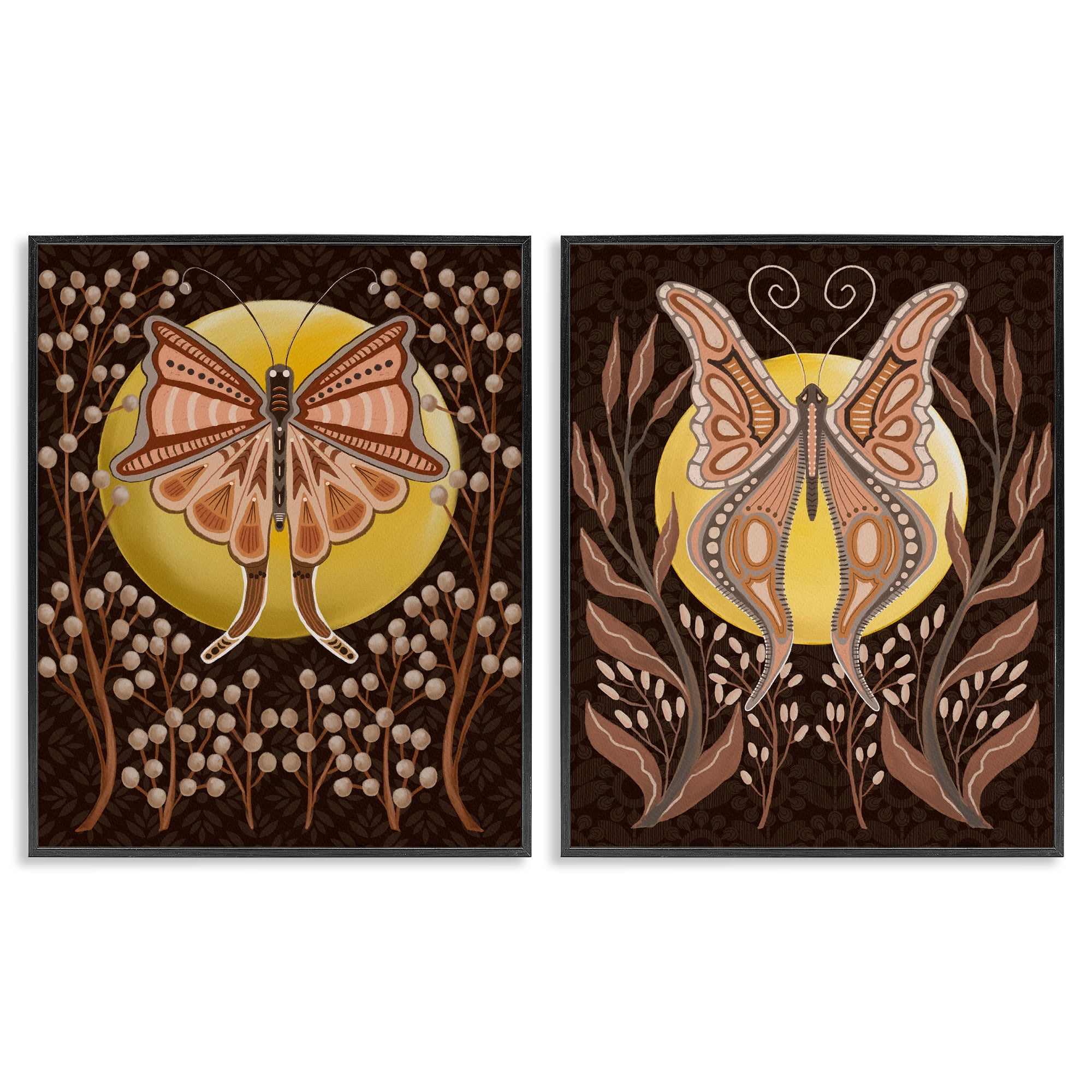 Stupell Industries Moth & Moons in Nature Insects Painting Black Framed Art Print Wall Art, 16 x 20, Set of 2