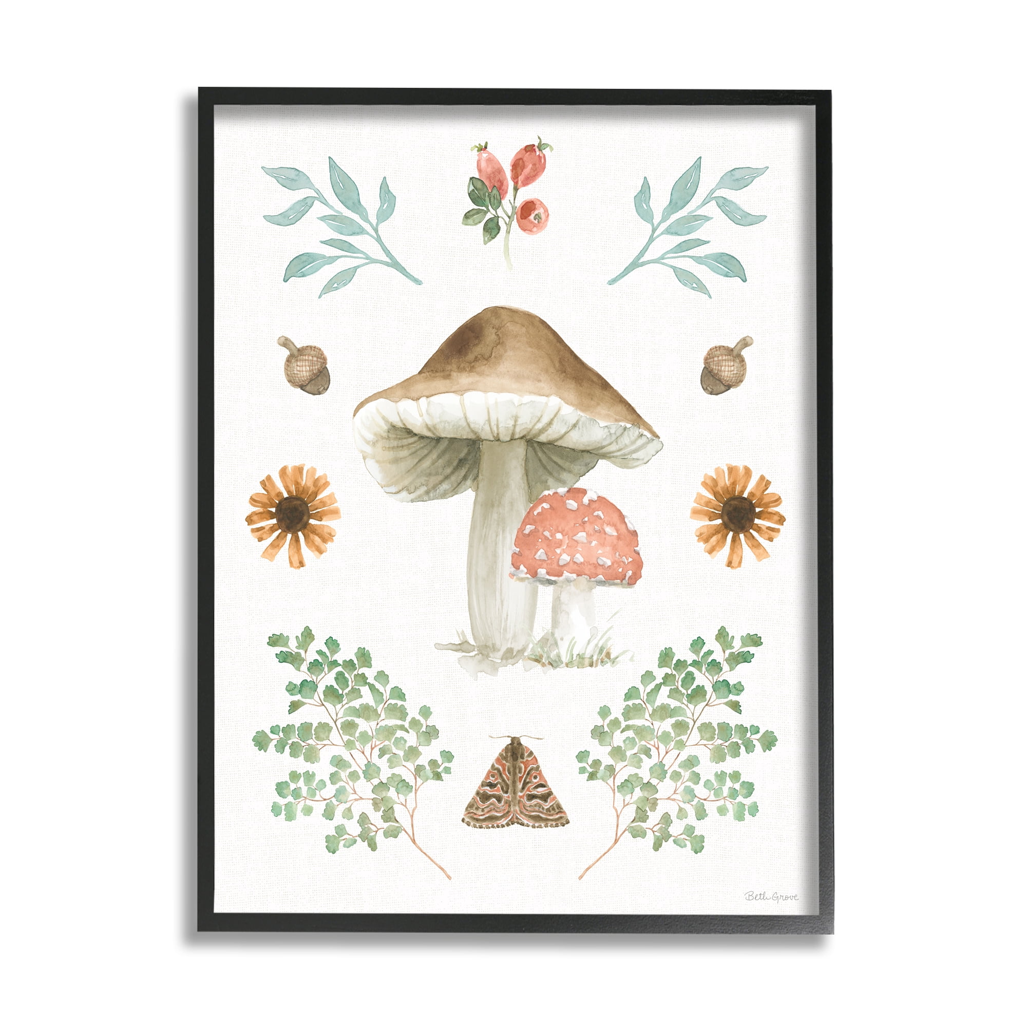 Stupell Industries Moth & Mushrooms Painting Botanical & Floral Painting Black Framed Art Print Wall Art, 16 x 20