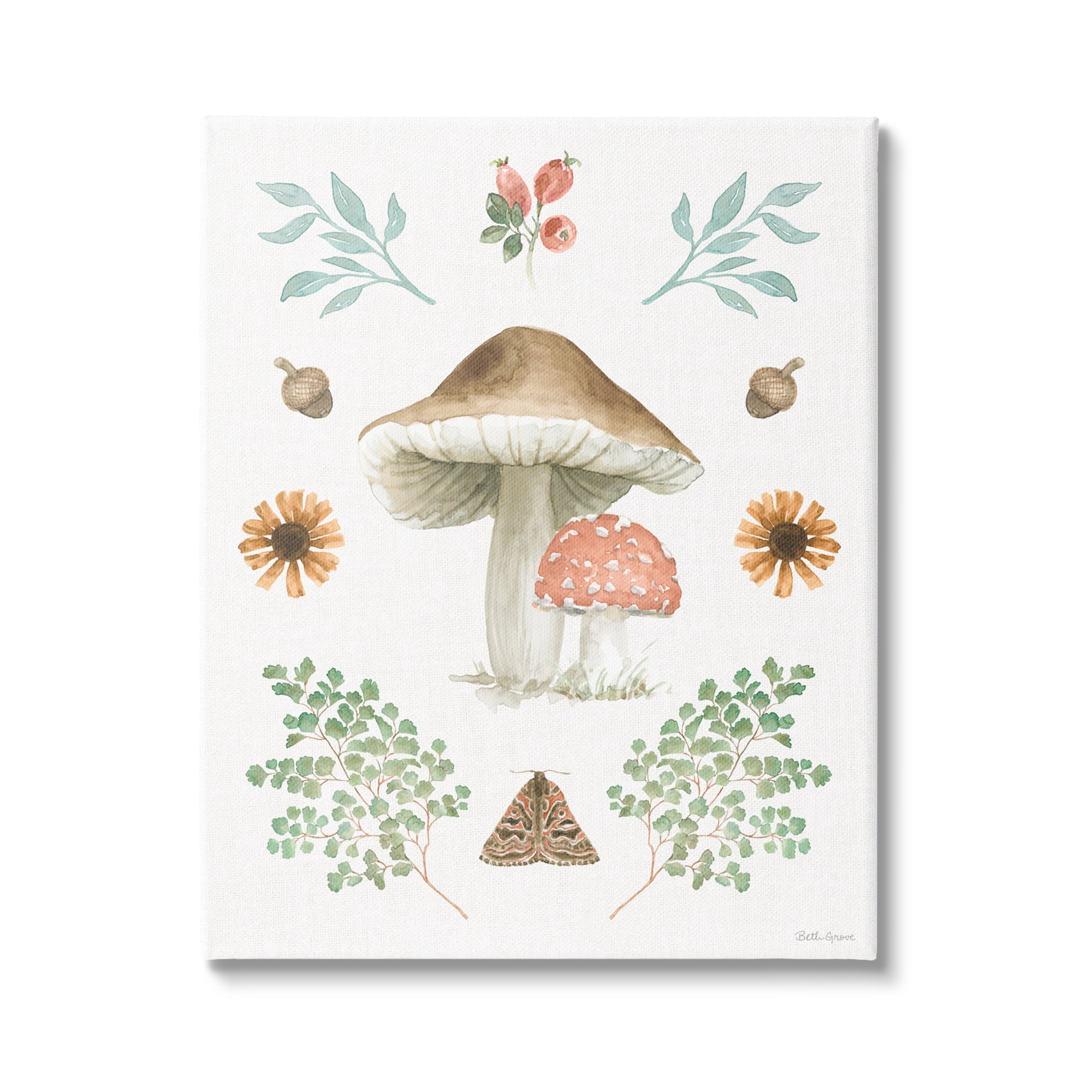 Stupell Industries Moth & Mushrooms Painting Botanical & Floral Painting Gallery Wrapped Canvas Print Wall Art, 36 x 48