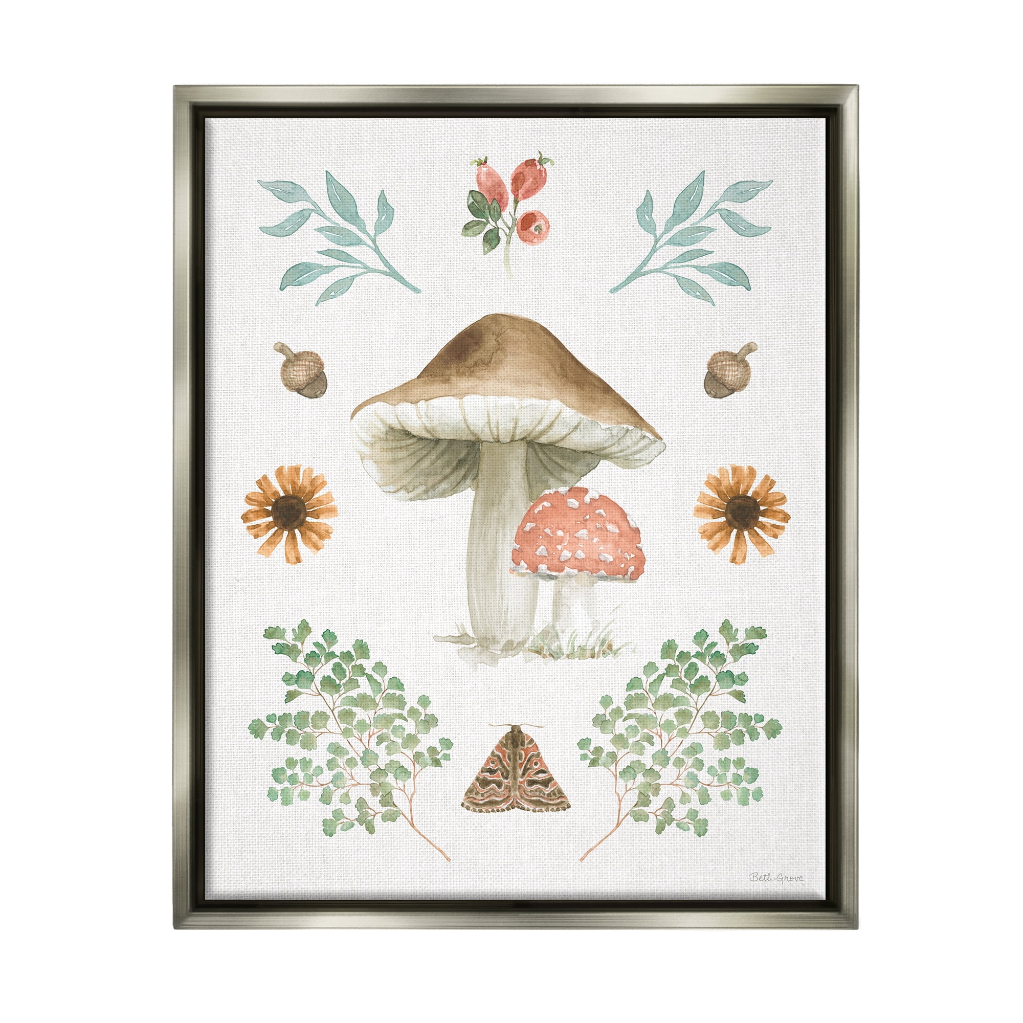 Stupell Industries Moth & Mushrooms Painting Botanical & Floral Painting Gray Floater Framed Art Print Wall Art, 17 x 21