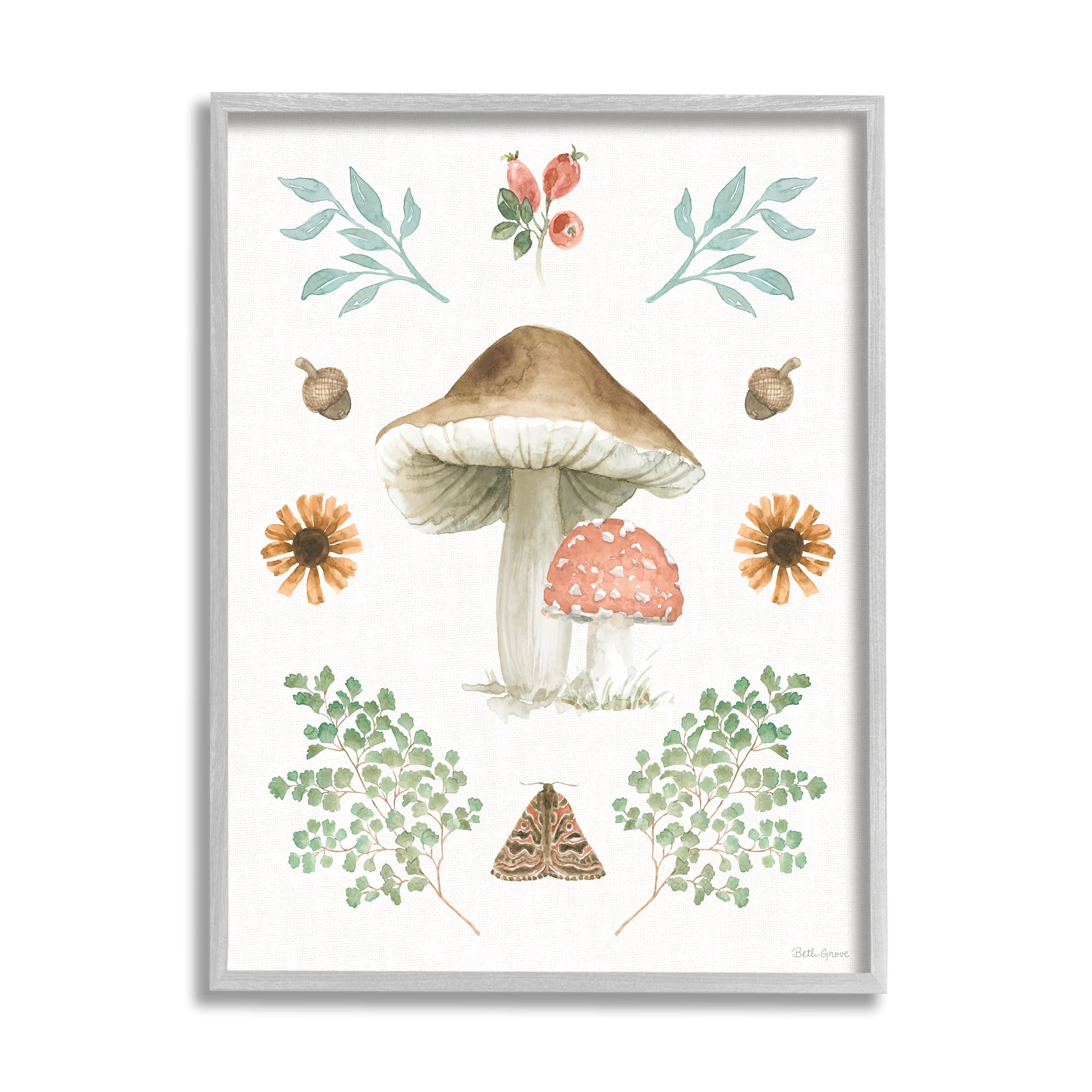 Stupell Industries Moth & Mushrooms Painting Botanical & Floral Painting Gray Framed Art Print Wall Art, 16 x 20