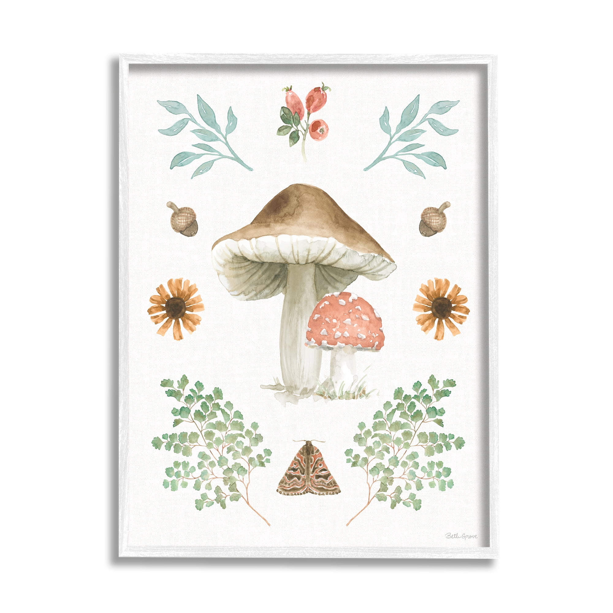 Stupell Industries Moth & Mushrooms Painting Botanical & Floral Painting White Framed Art Print Wall Art, 24 x 30