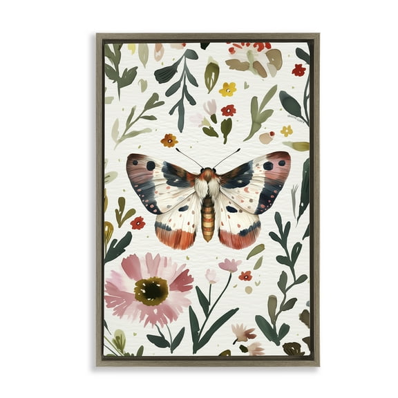 Stupell Industries Moth & Organic Flowers Floral Painting Brown Floater Framed Canvas Art Print Wall Art, 17 x 25