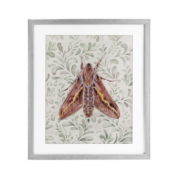 Moth Over Leaf Sprigs Gray Framed Print Under Glass, 13 x 16, Made In USA