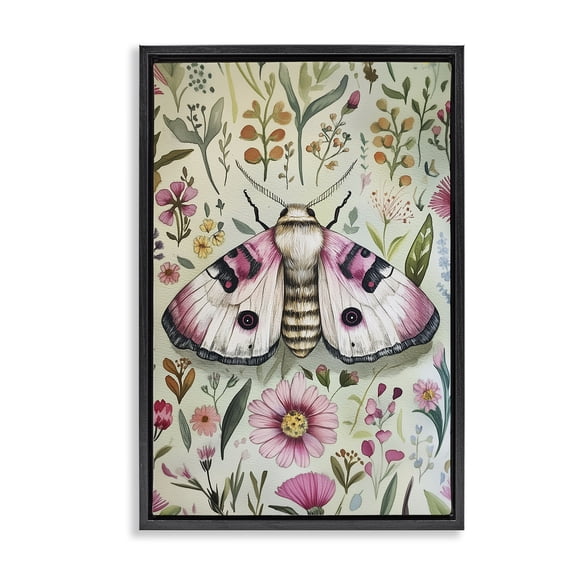 Stupell Industries Moth over Floral Herbs Floral Painting Black Floater Framed Canvas Art Print Wall Art, 17 x 25