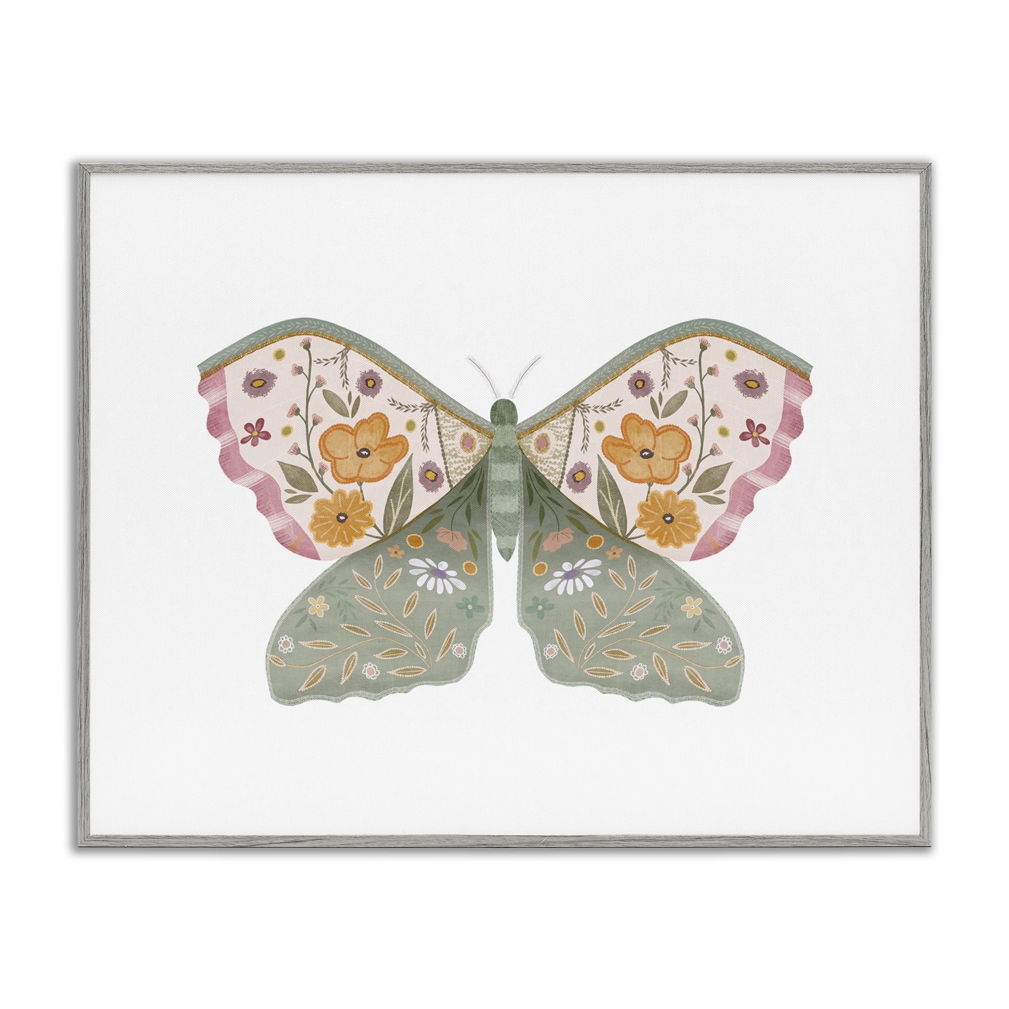 Stupell Industries Moth with Floral Wings Insects Painting Gray Framed Art Print Wall Art, 30 x 24