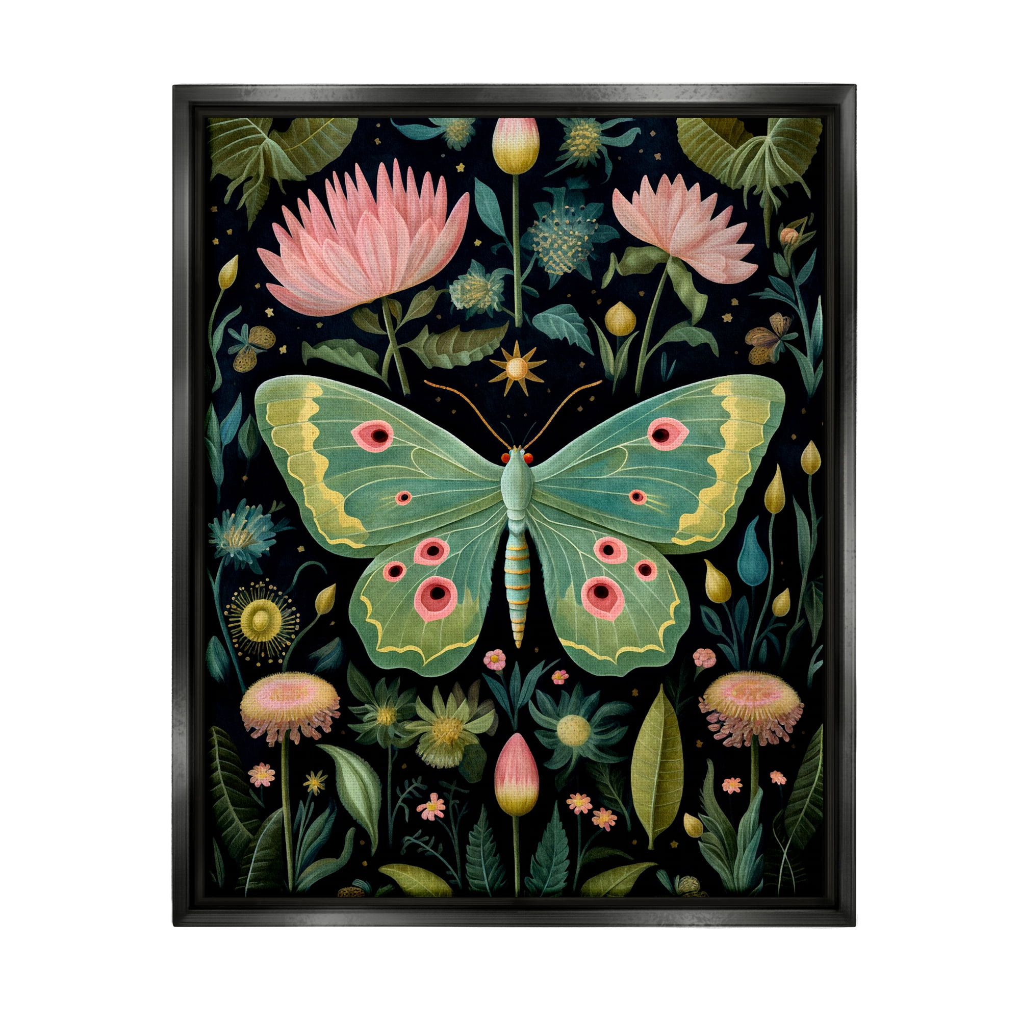Stupell Industries Moth with Nature Botanicals Animals & Insects Painting Black Floater Framed Canvas Art Print Wall Art, 25 x 31