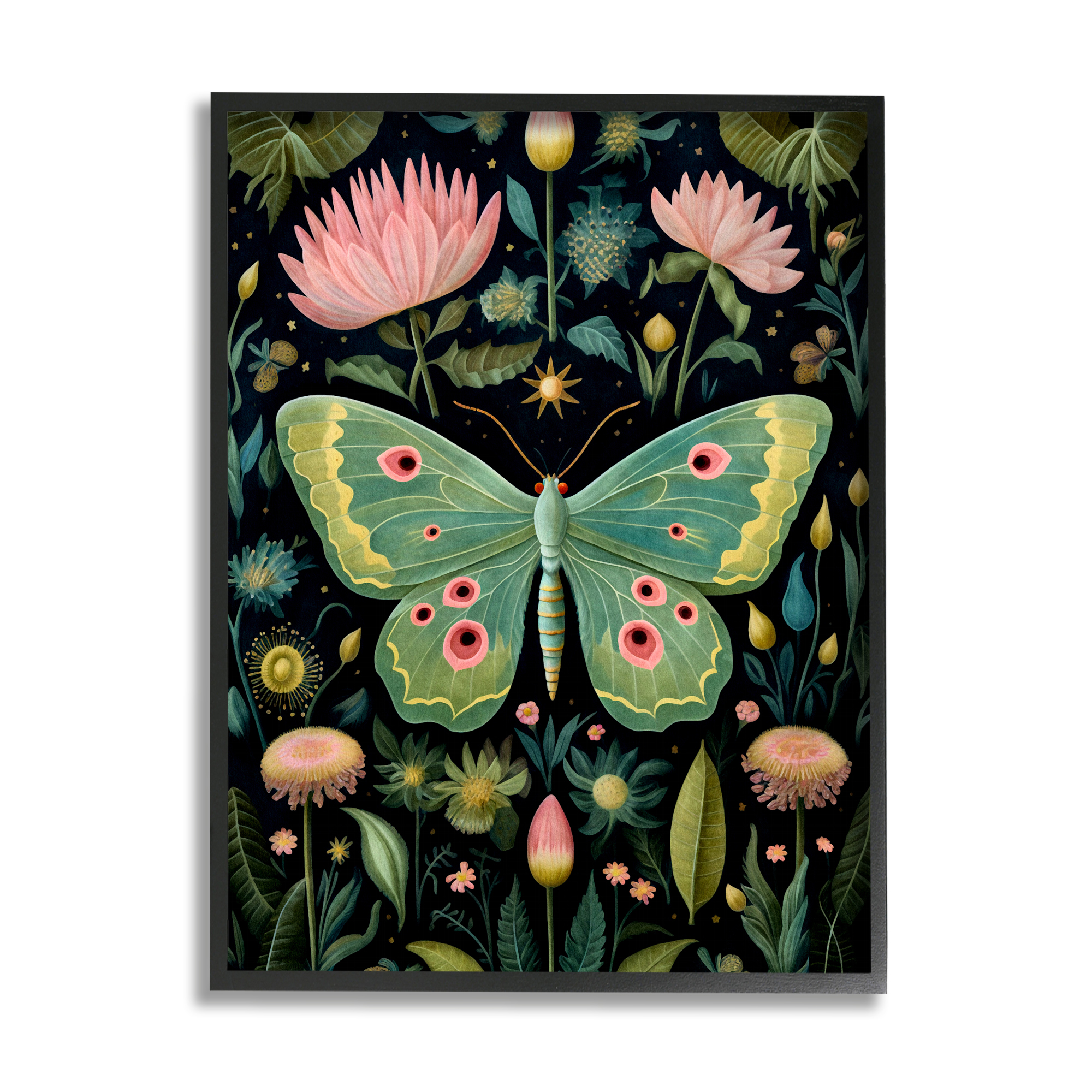 Stupell Industries Moth with Nature Botanicals Animals & Insects Painting Black Framed Art Print Wall Art, 24 x 30