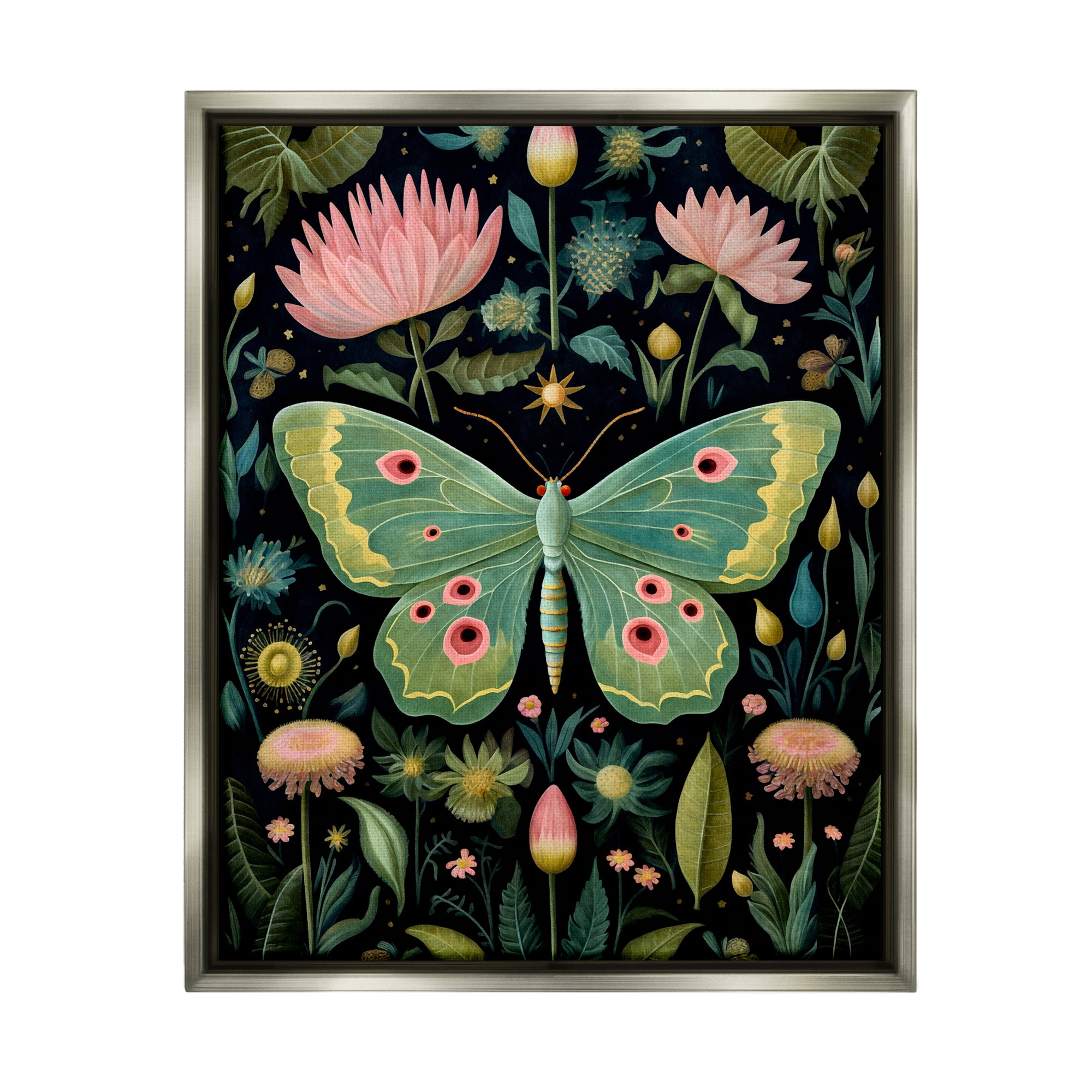 Stupell Industries Moth with Nature Botanicals Animals & Insects Painting Gray Floater Framed Canvas Art Print Wall Art, 25 x 31