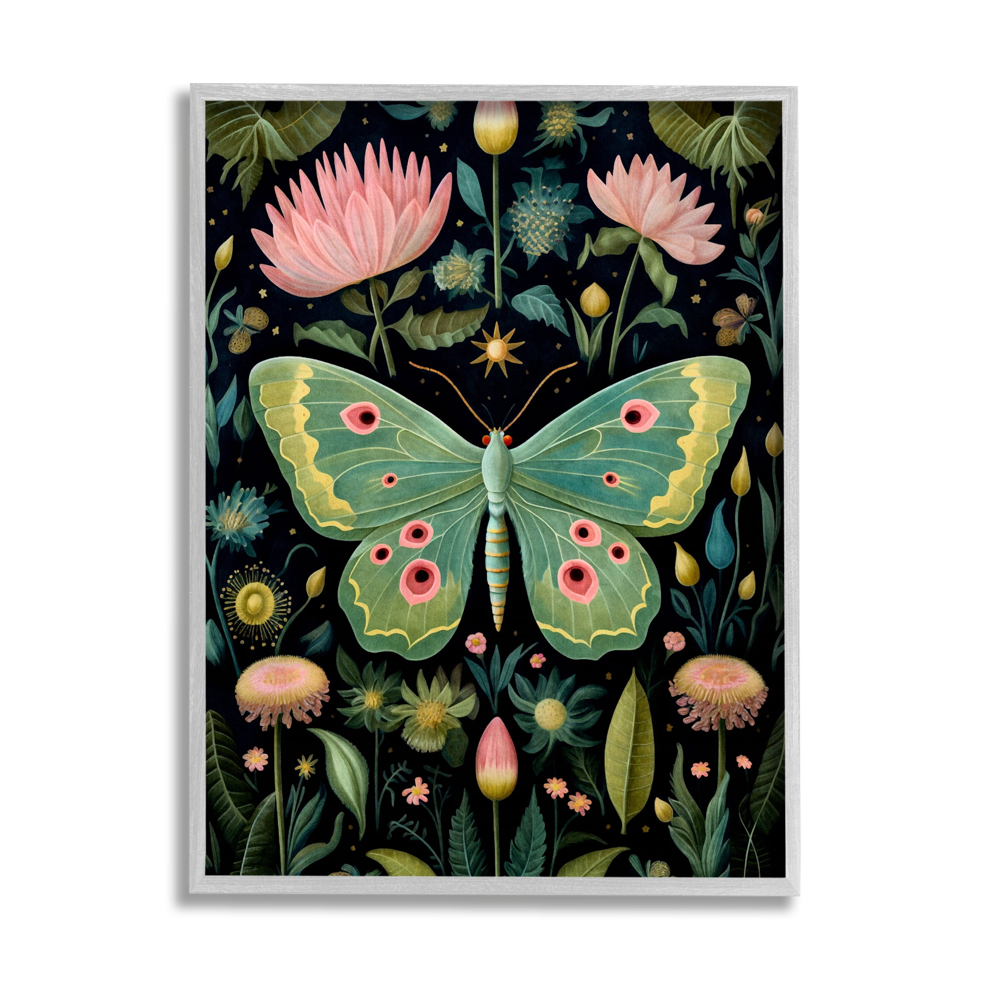 Stupell Industries Moth with Nature Botanicals Animals & Insects Painting Gray Framed Art Print Wall Art, 16 x 20