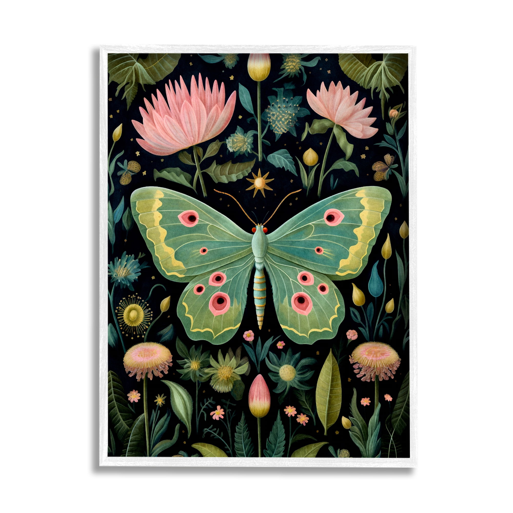 Stupell Industries Moth with Nature Botanicals Animals & Insects Painting White Framed Art Print Wall Art, 16 x 20