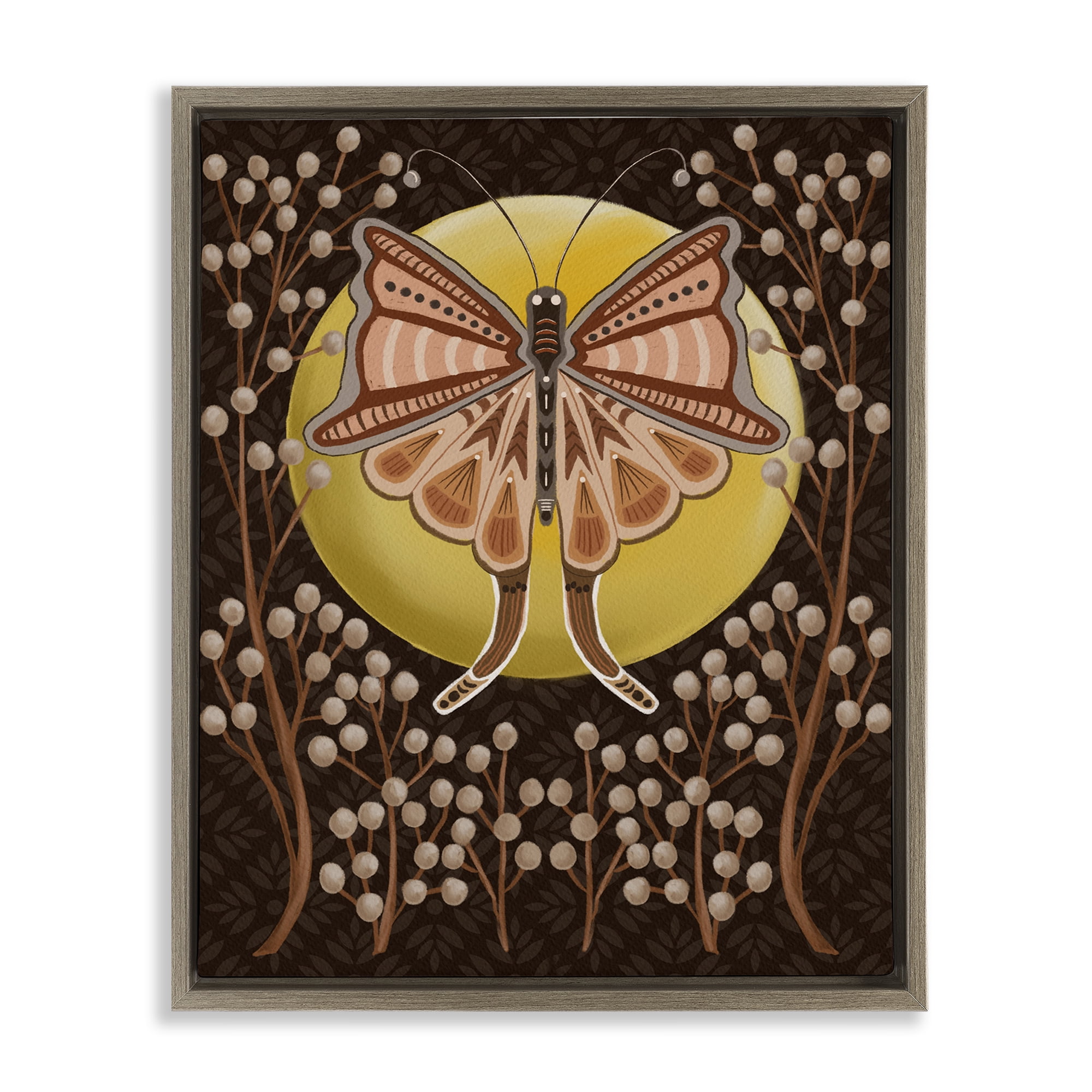 Stupell Industries Moth with Pussy Willows Insects Painting Brown Floater Framed Canvas Art Print Wall Art, 25 x 31