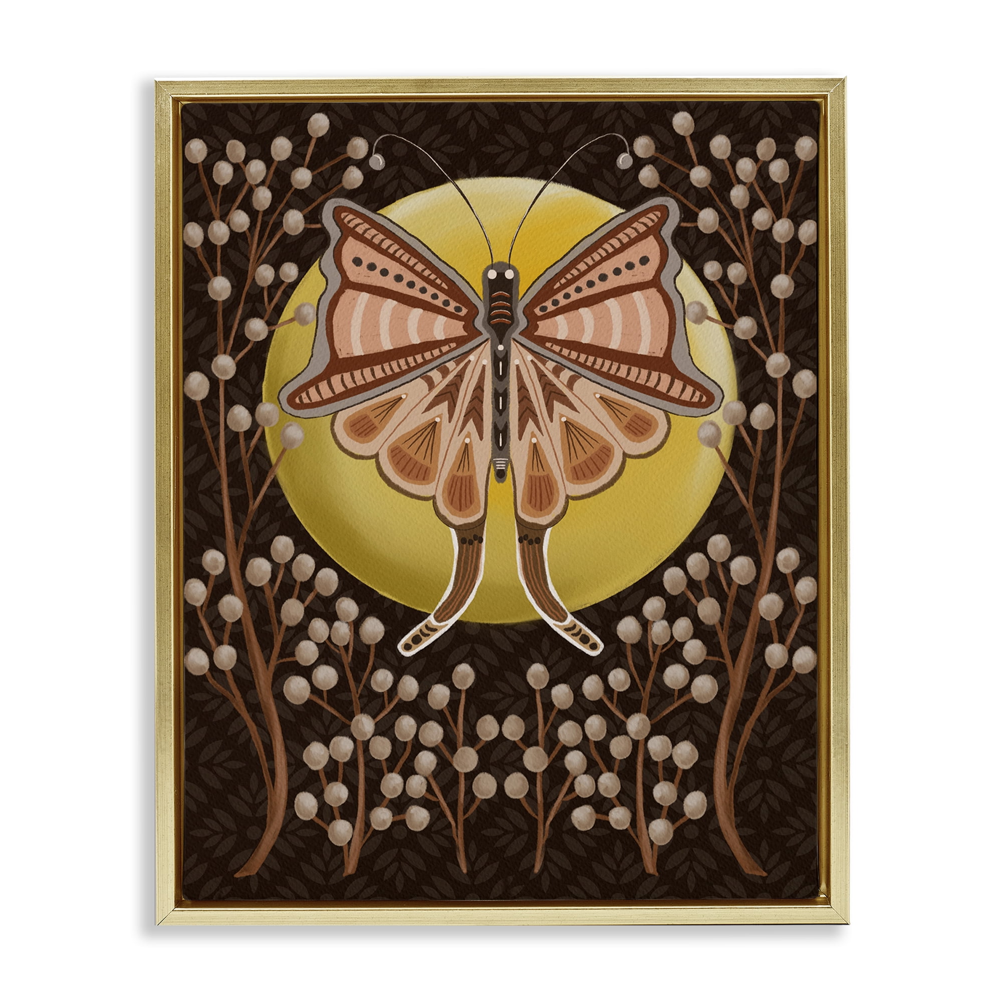 Stupell Industries Moth with Pussy Willows Insects Painting Gold Floater Framed Canvas Art Print Wall Art, 17 x 21
