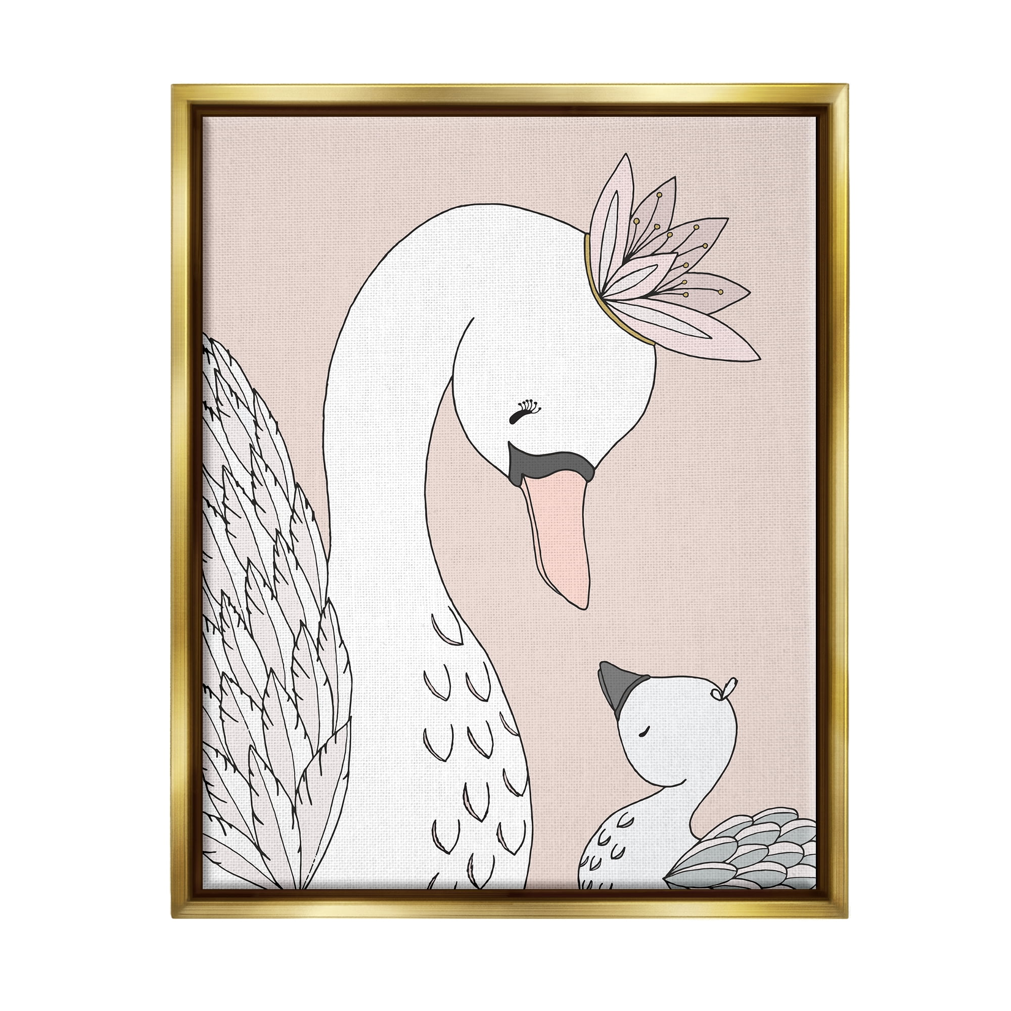 Stupell Industries Mother & Baby Swan Flower Crowns Princess Animals Graphic Art Metallic Gold Floating Framed Canvas Print Wall Art, Design by Sweet Melody Designs