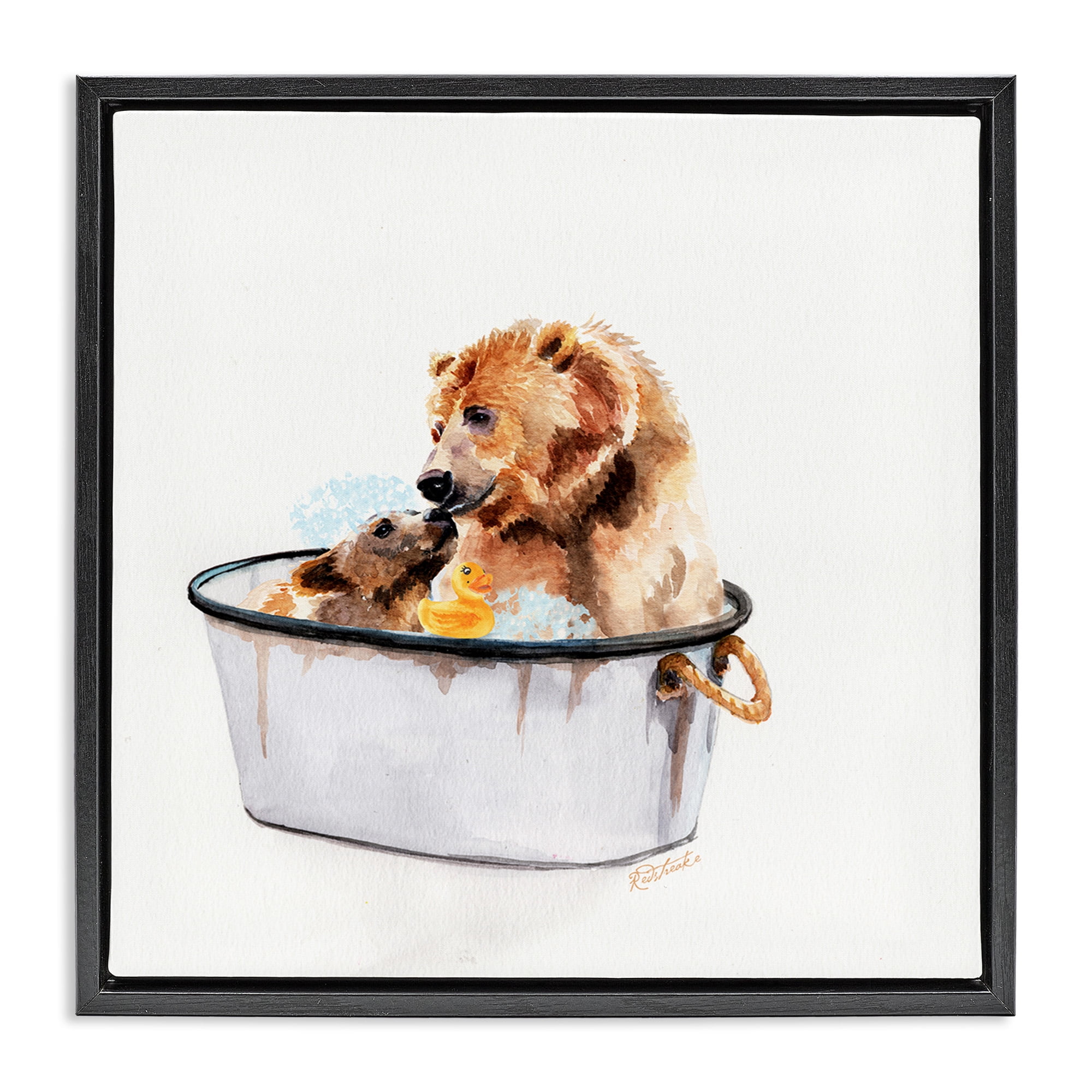 Stupell Industries Mother Bear & Cub Bathing Animals & Insects Painting Black Floater Framed Canvas Art Print Wall Art, 25 x 25