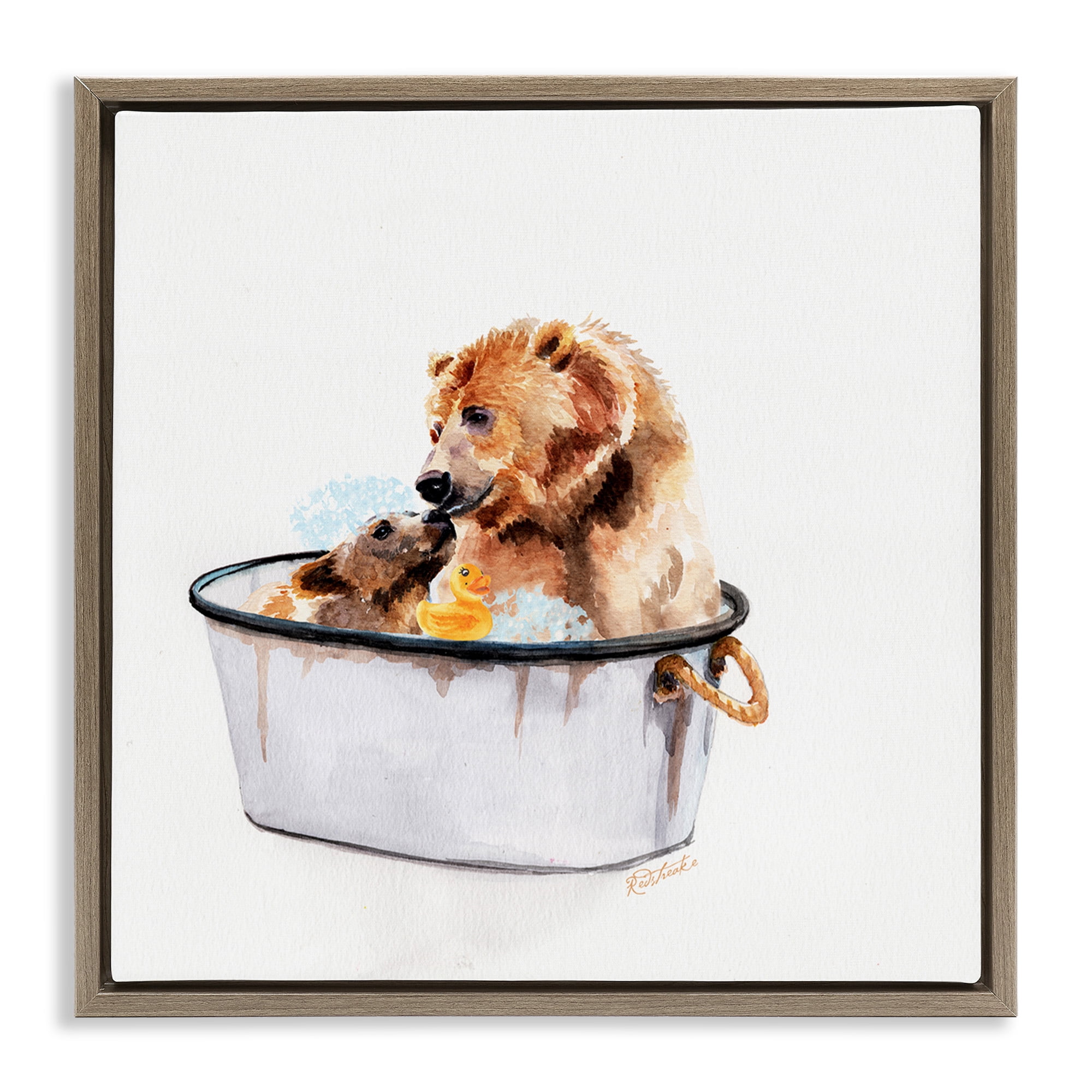 Stupell Industries Mother Bear & Cub Bathing Animals & Insects Painting Brown Floater Framed Canvas Art Print Wall Art, 25 x 25