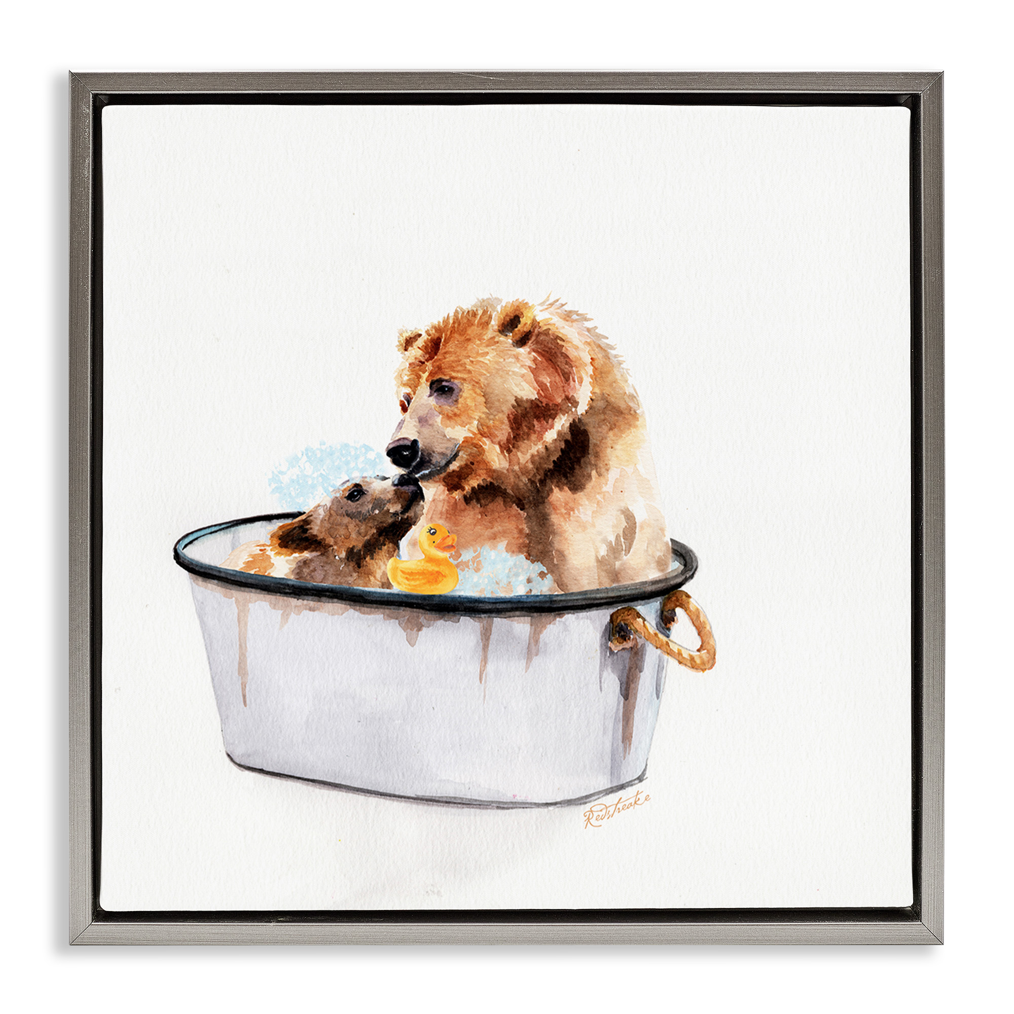 Stupell Industries Mother Bear & Cub Bathing Animals & Insects Painting Gray Floater Framed Canvas Art Print Wall Art, 18 x 18